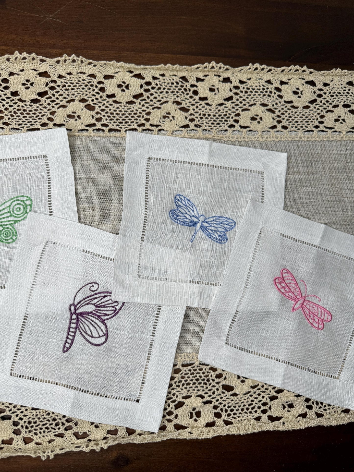 Colorful Butterflies Embroidered Linen Cocktail Napkins (Set of 8)