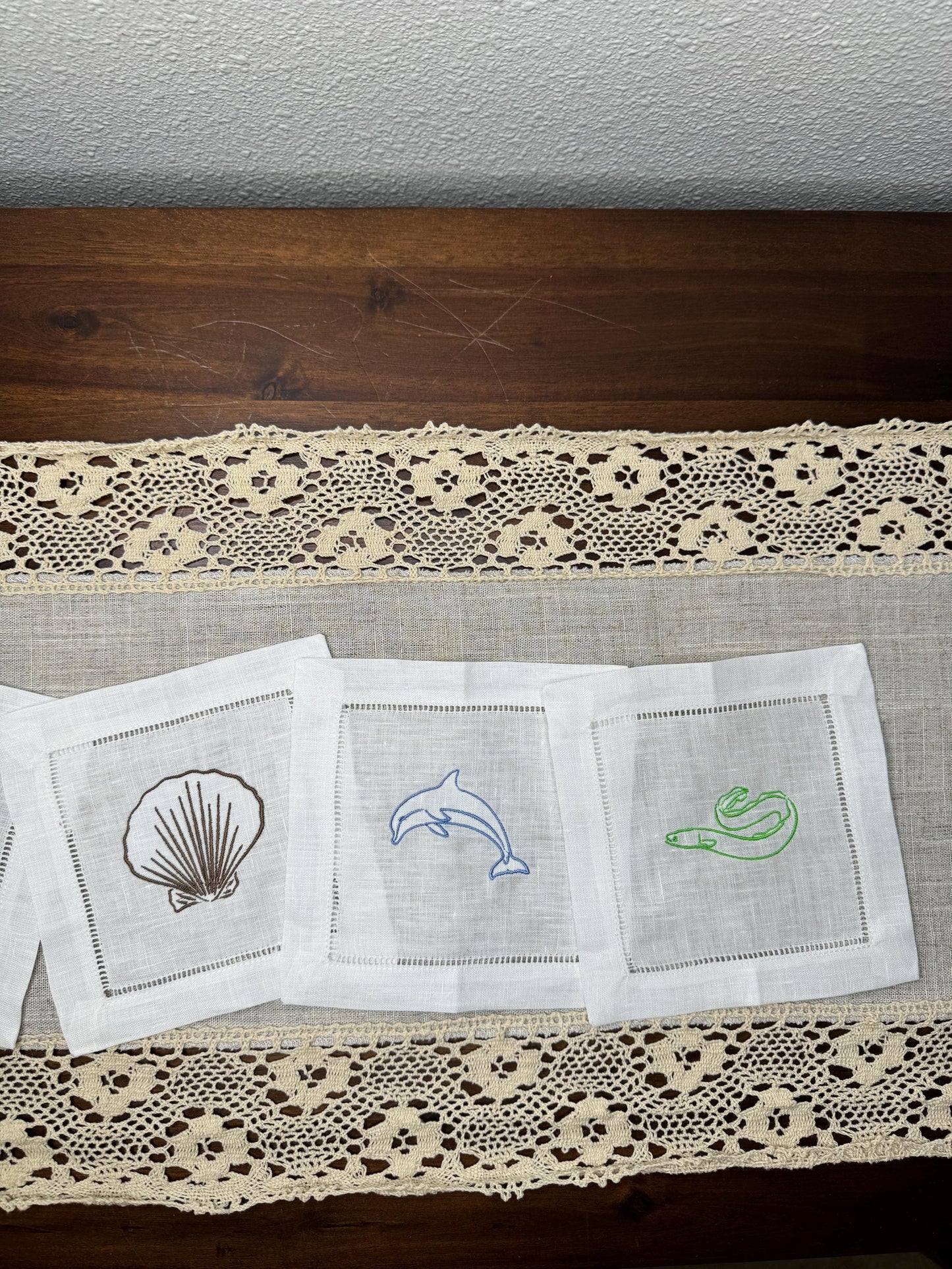 Colorful Marine Animals Embroidered Linen Cocktail Napkins (Set of 6)