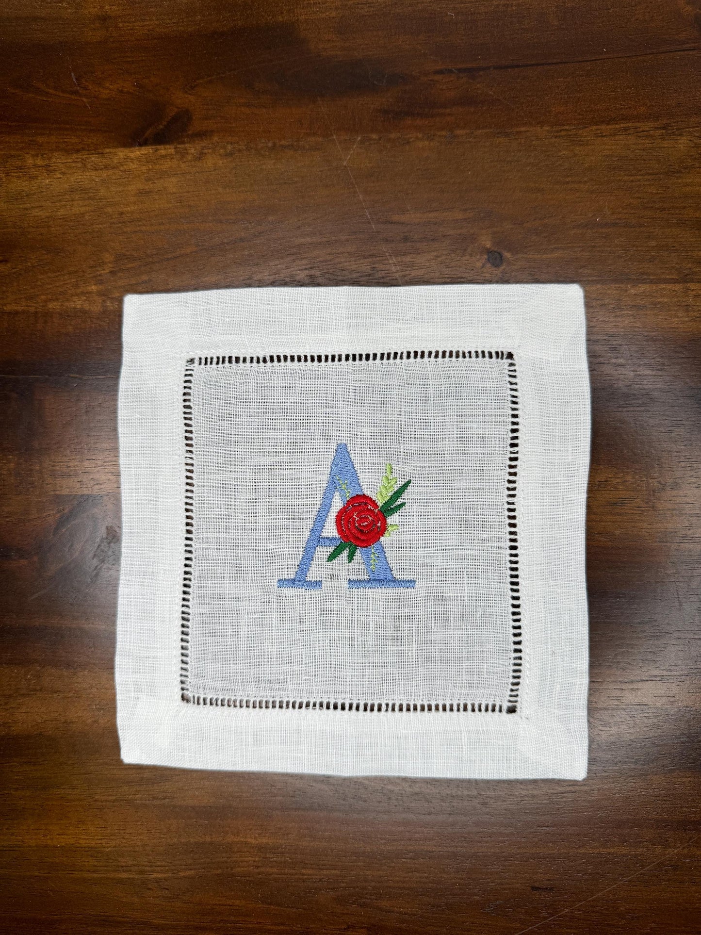 Customized Monogram One Initial Floral Rose Embroidered Linen Cocktail Napkins (Set of 4,6,8)