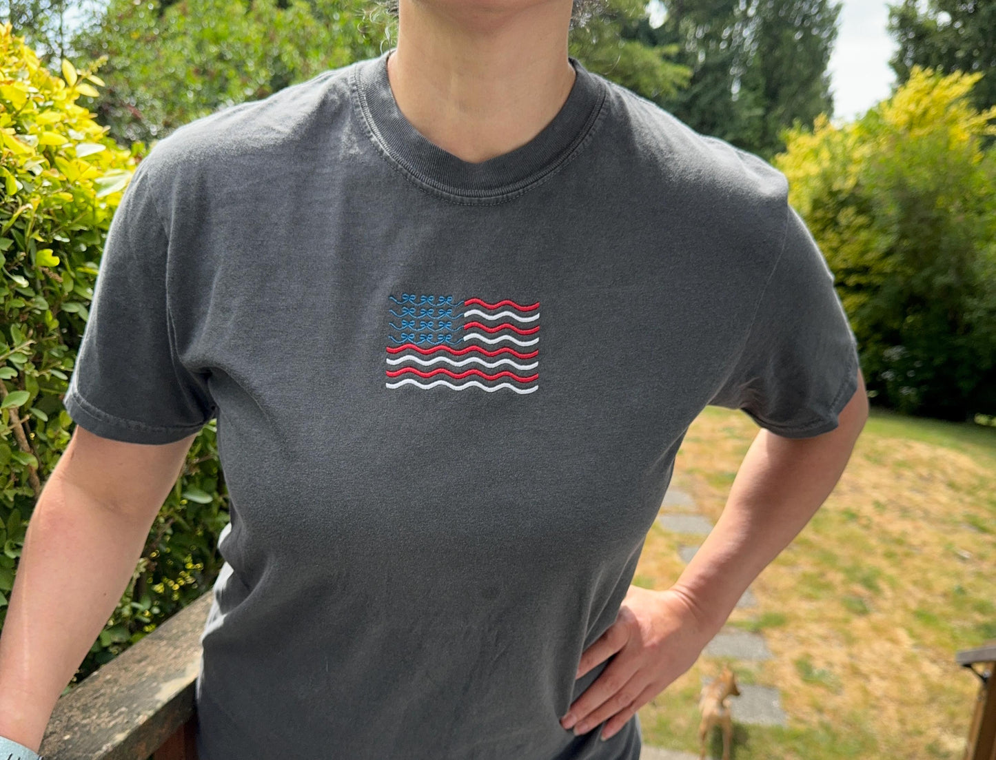 Independence Day July 4th Bow Flag Embroidered T-Shirt - Comfort Colors
