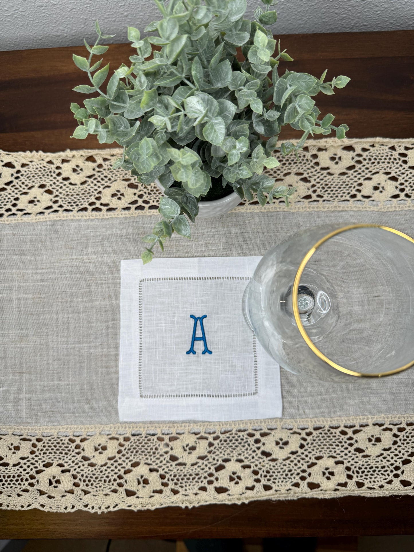 Customized Monogram One Initial Fishbone Embroidered Linen Cocktail Napkins (Set of 4,6,8)