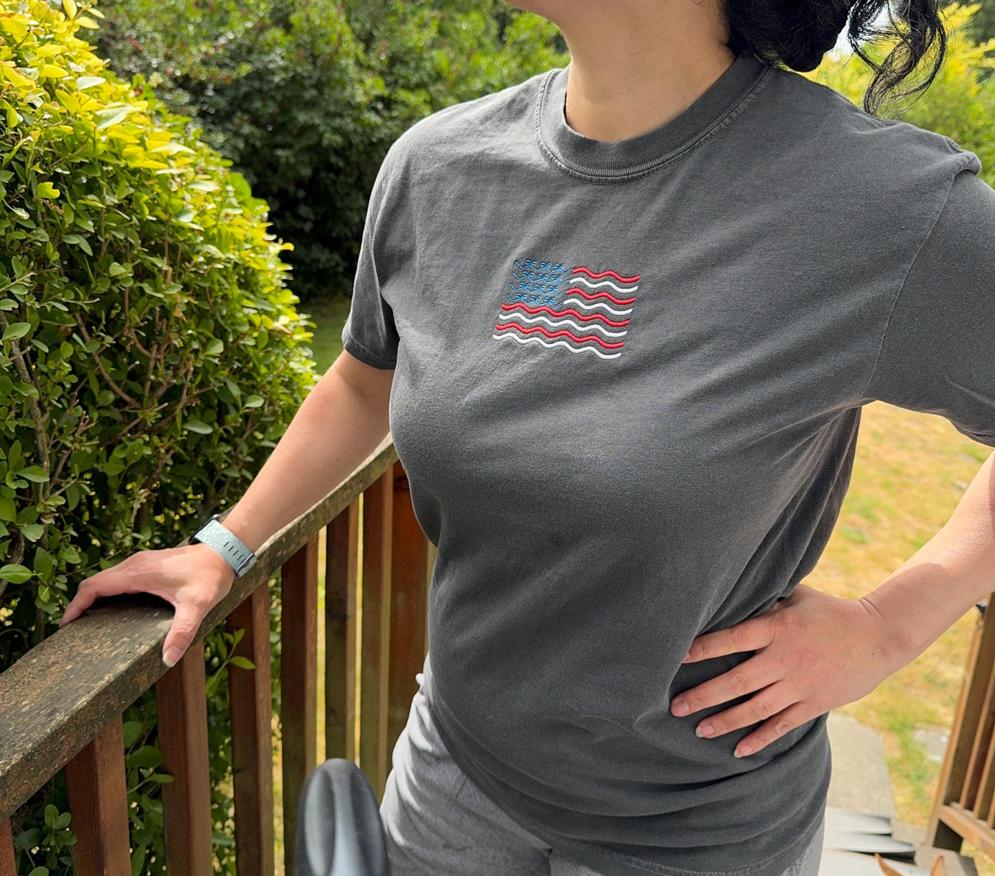Independence Day July 4th Bow Flag Embroidered T-Shirt - Comfort Colors