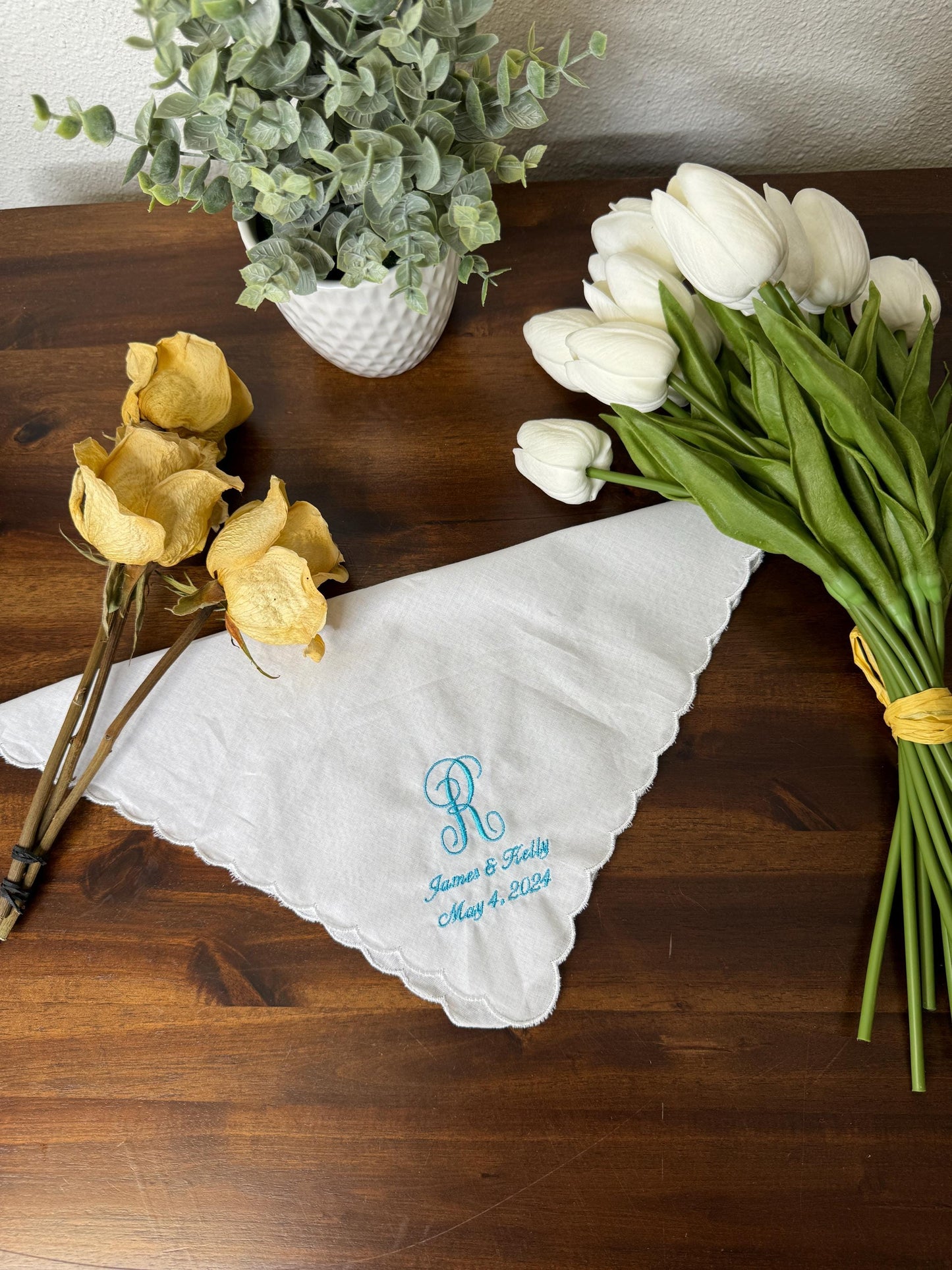 Embroidered Wedding Handkerchief Bride & Groom Date and One Initial Lace Scalloped Customized