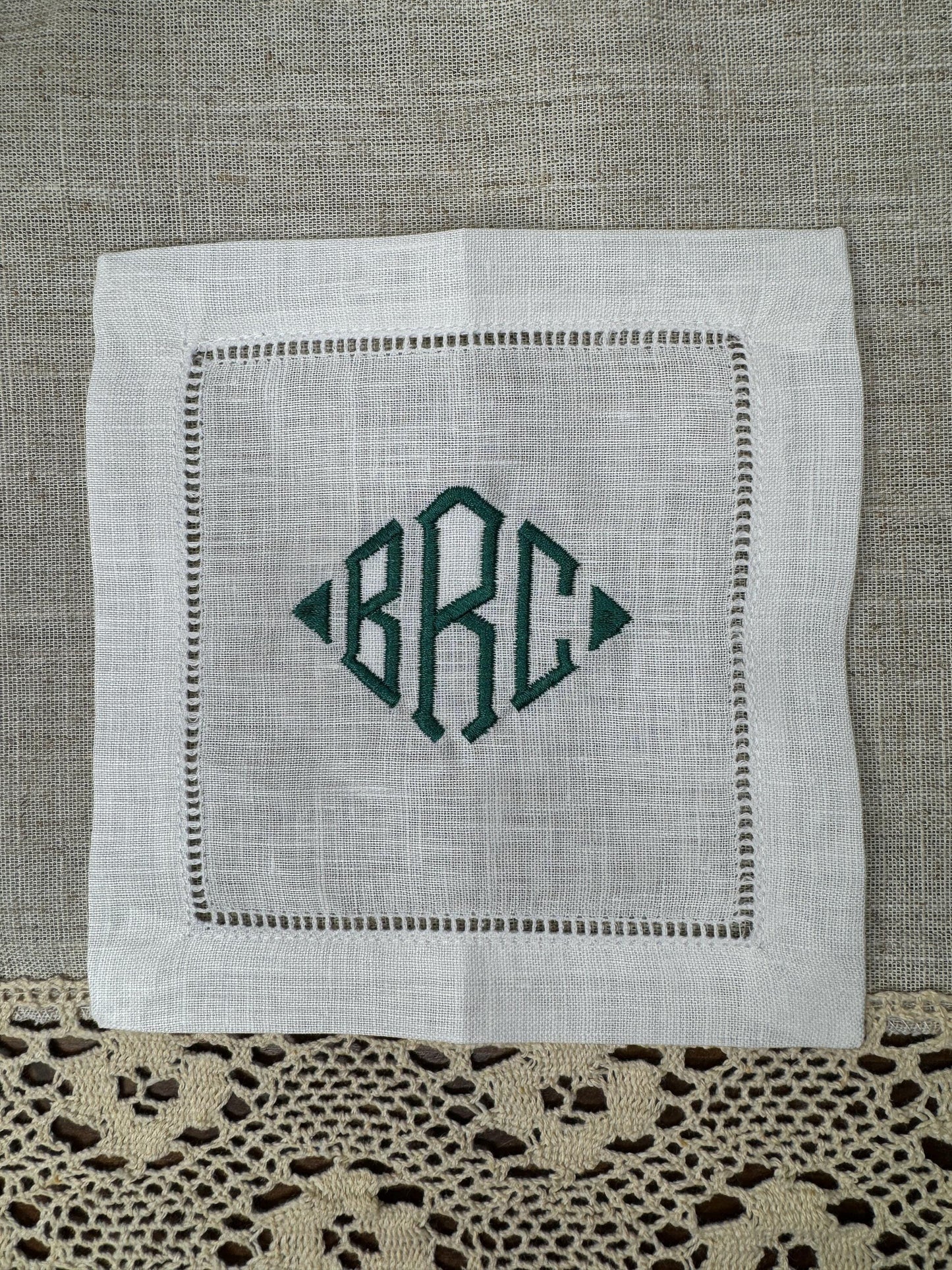 Customized Monogram Diamond Embroidered Linen Cocktail Napkins (Set of 4,6,8)