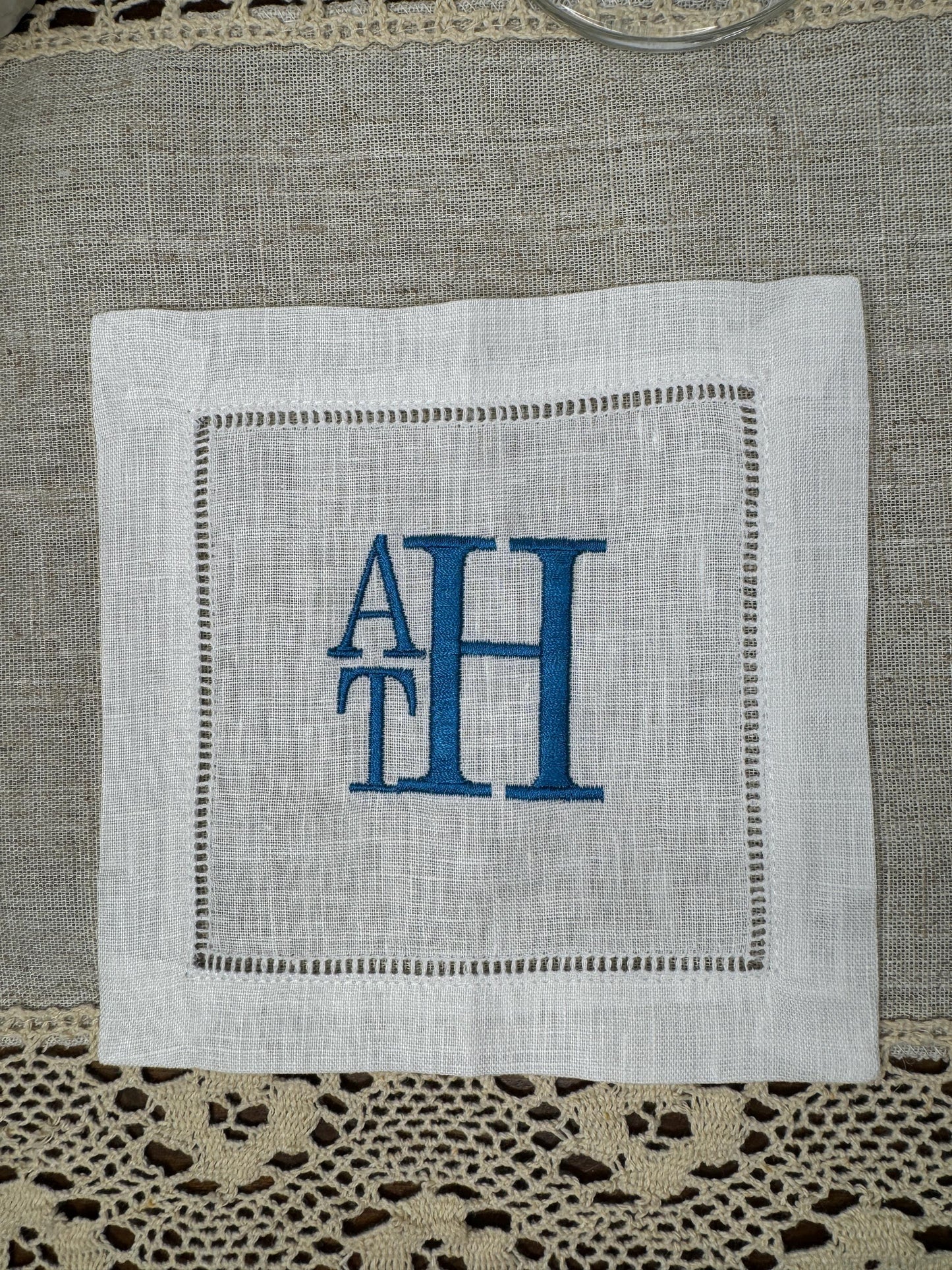 Customized Monogram Stacked Embroidered Linen Cocktail Napkins (Set of 4,6,8)