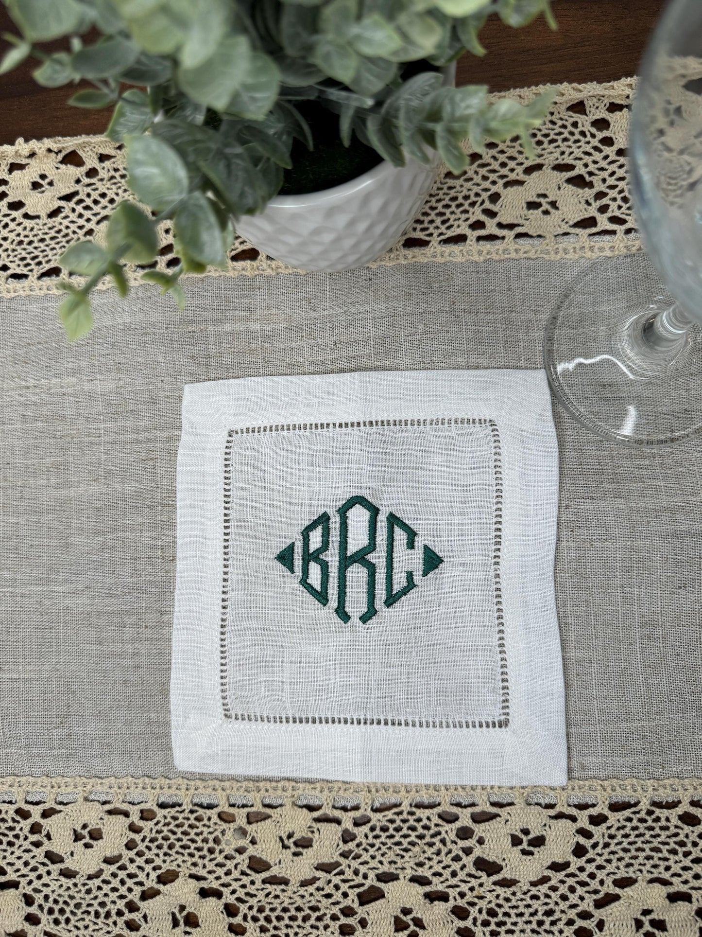 Customized Monogram Diamond Embroidered Linen Cocktail Napkins (Set of 4,6,8)