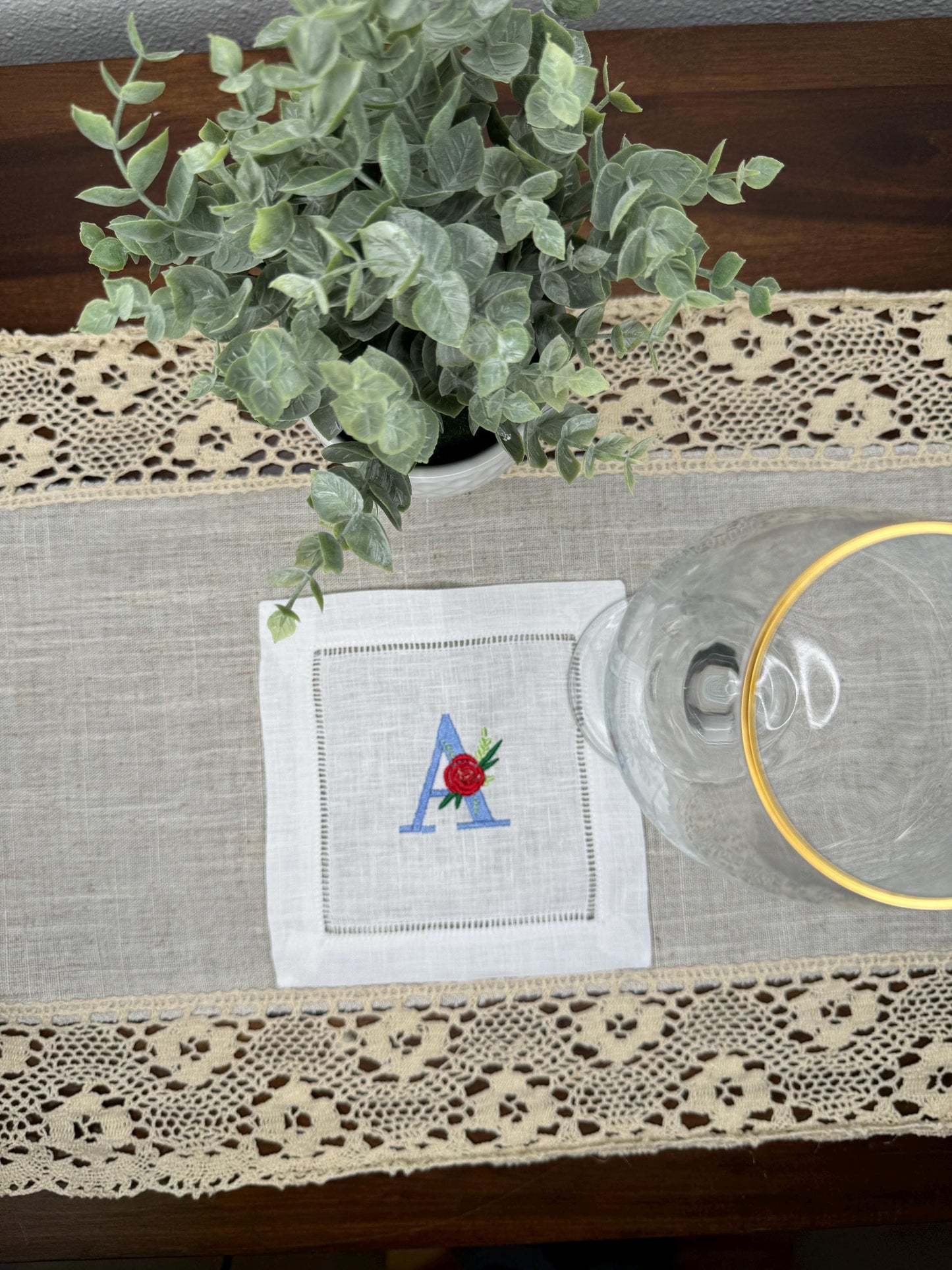 Customized Monogram One Initial Floral Rose Embroidered Linen Cocktail Napkins (Set of 4,6,8)