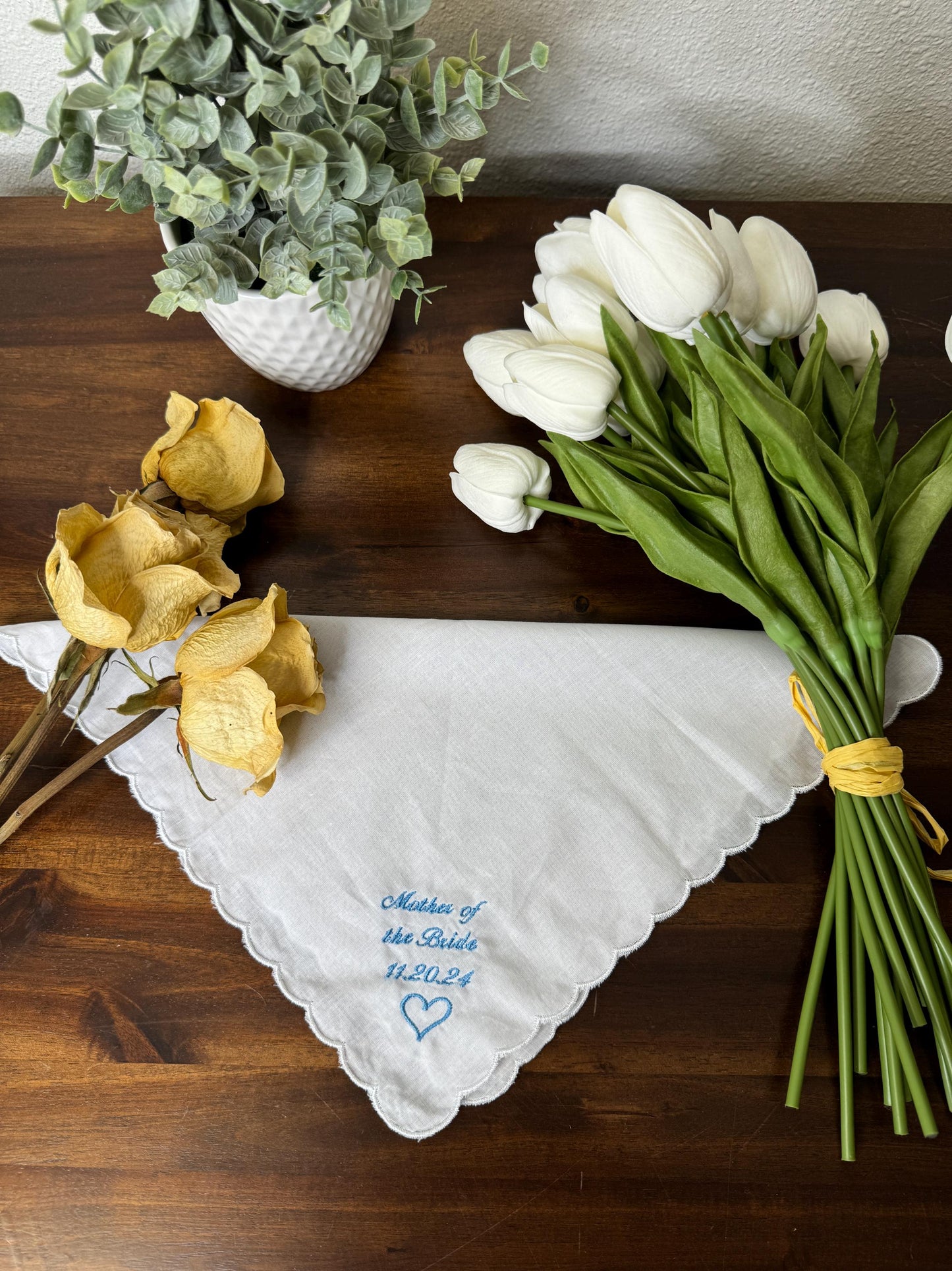 Embroidered Wedding Handkerchief Bride & Groom Date and One Initial Lace Scalloped Customized
