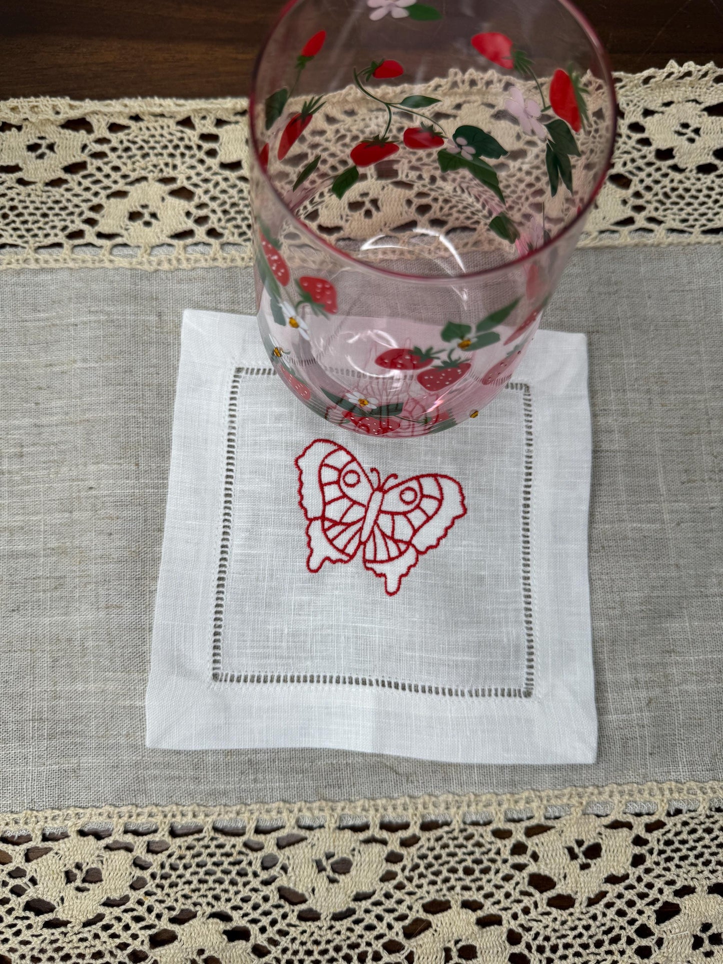 Colorful Butterflies Embroidered Linen Cocktail Napkins (Set of 8)