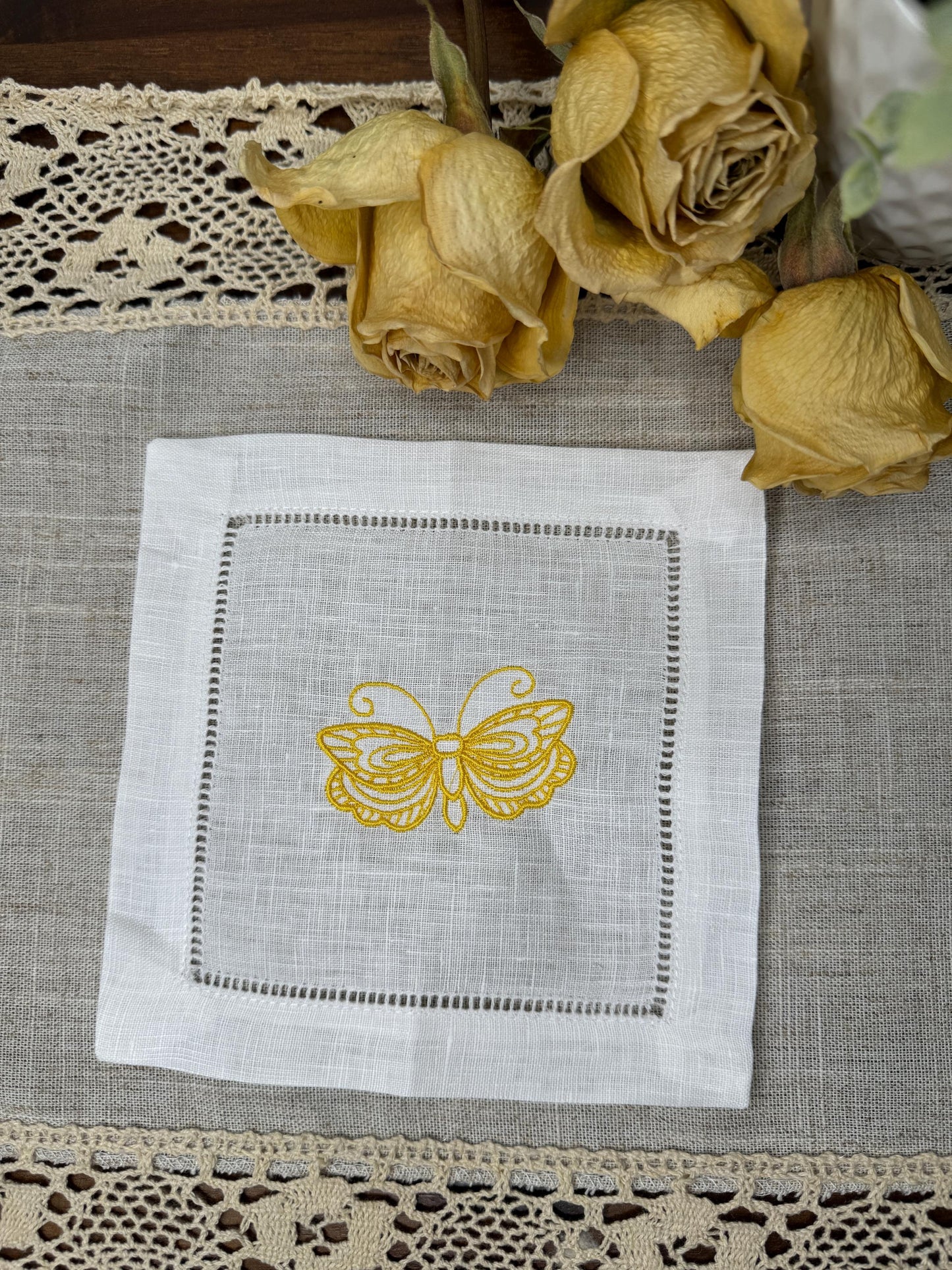 Colorful Butterflies Embroidered Linen Cocktail Napkins (Set of 8)