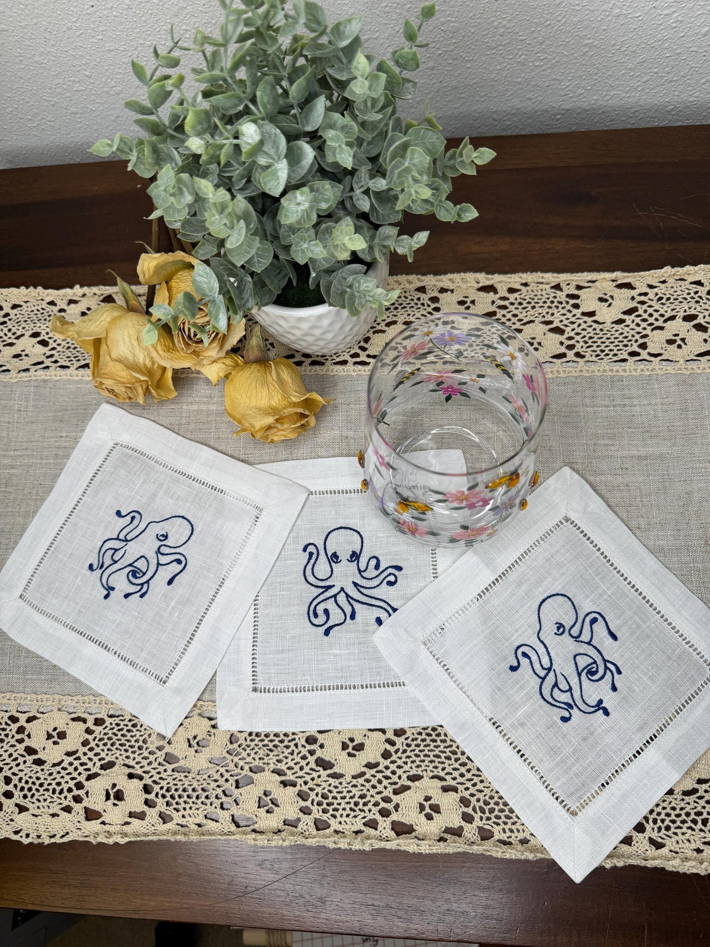 Marine Octopus Embroidered Linen Cocktail Napkins (Set of 6)