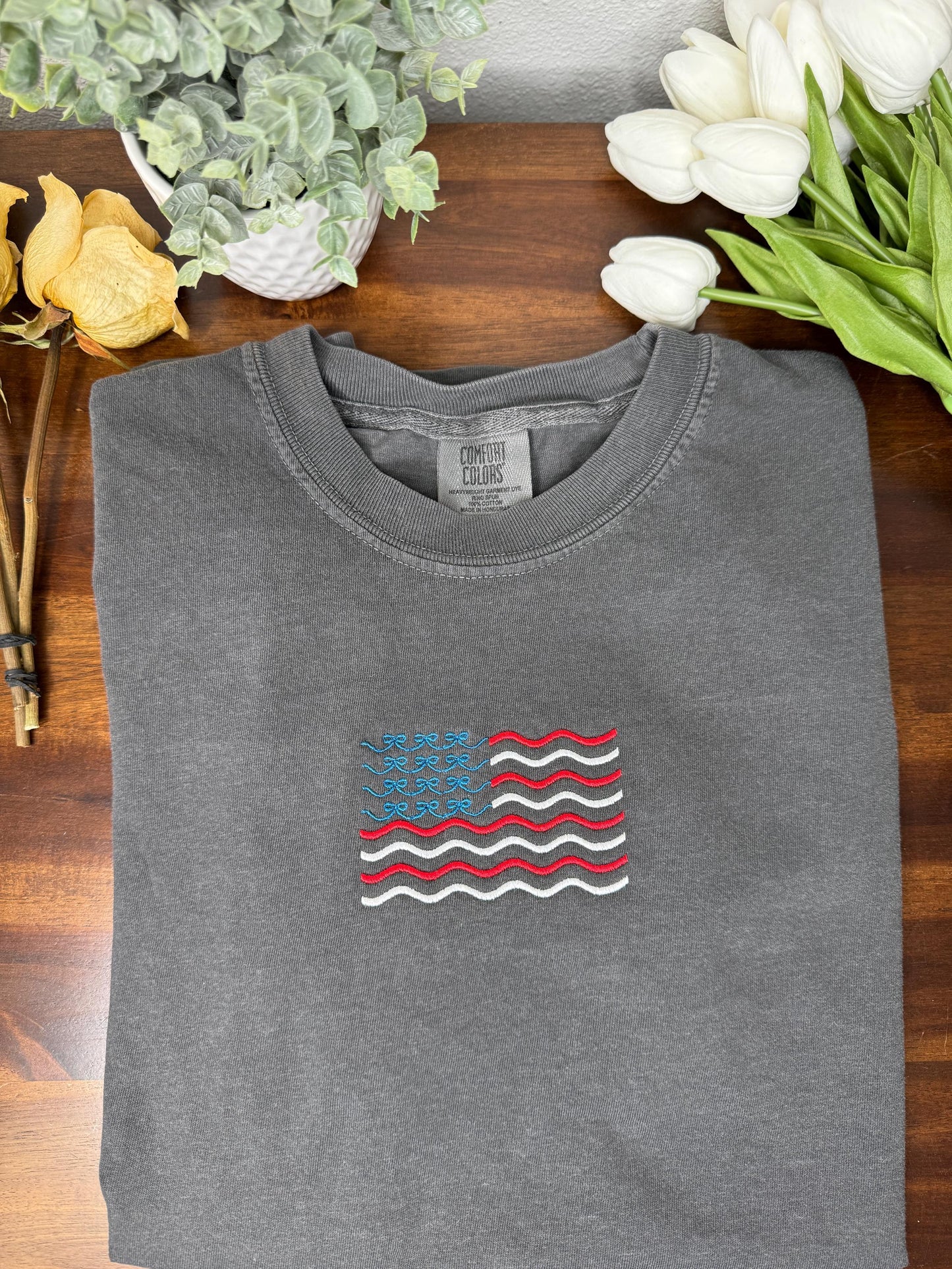Independence Day July 4th Bow Flag Embroidered T-Shirt - Comfort Colors