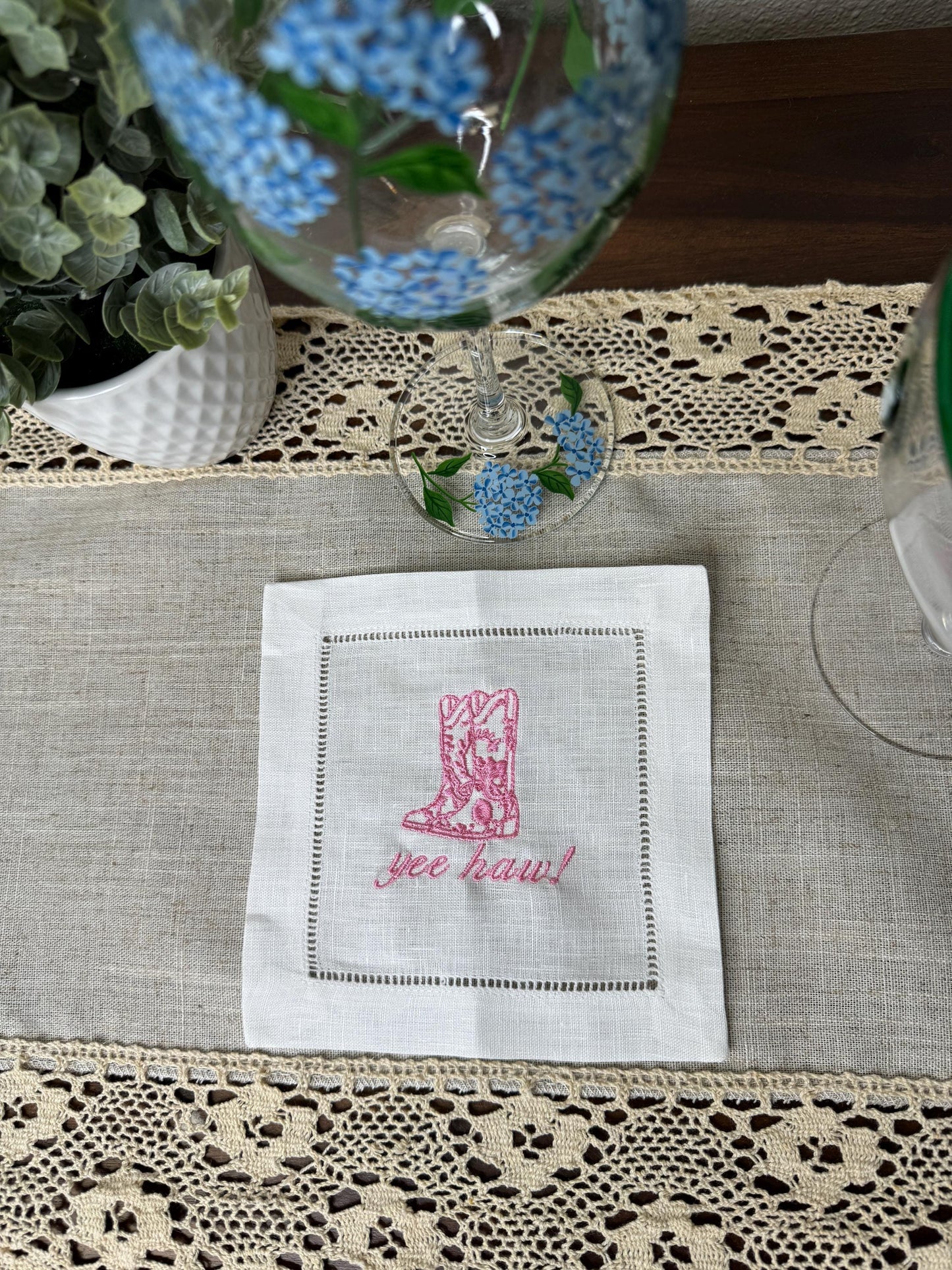 Chinoiserie Cowboy Boots Yee Haw! Embroidered Linen Cocktail Napkins (Set of 4)