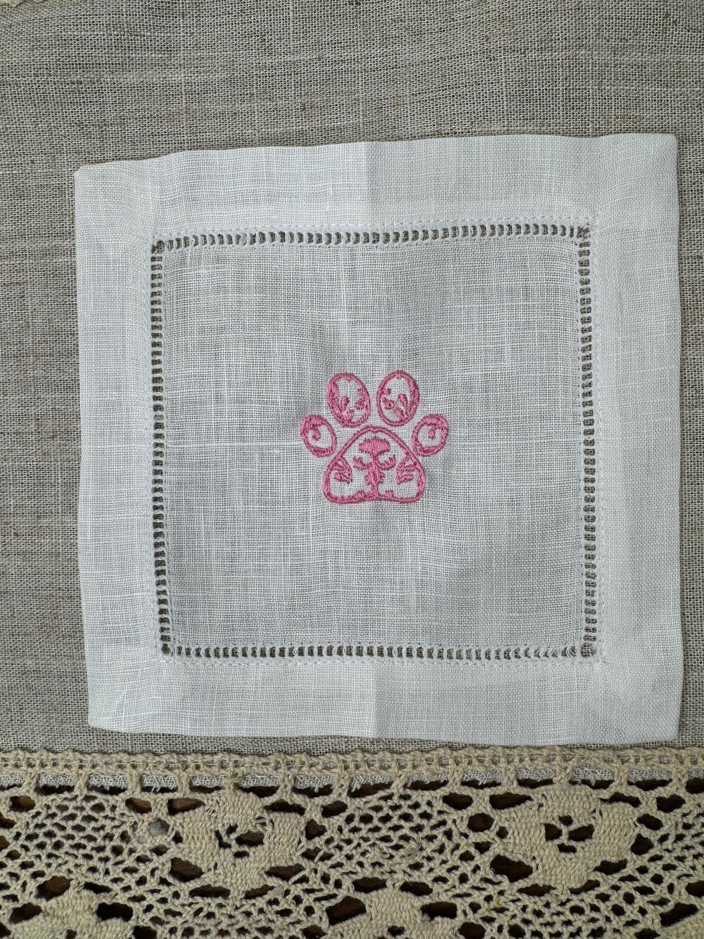 Chinoiserie Paw Print Embroidered Linen Cocktail Napkins (Set of 4)