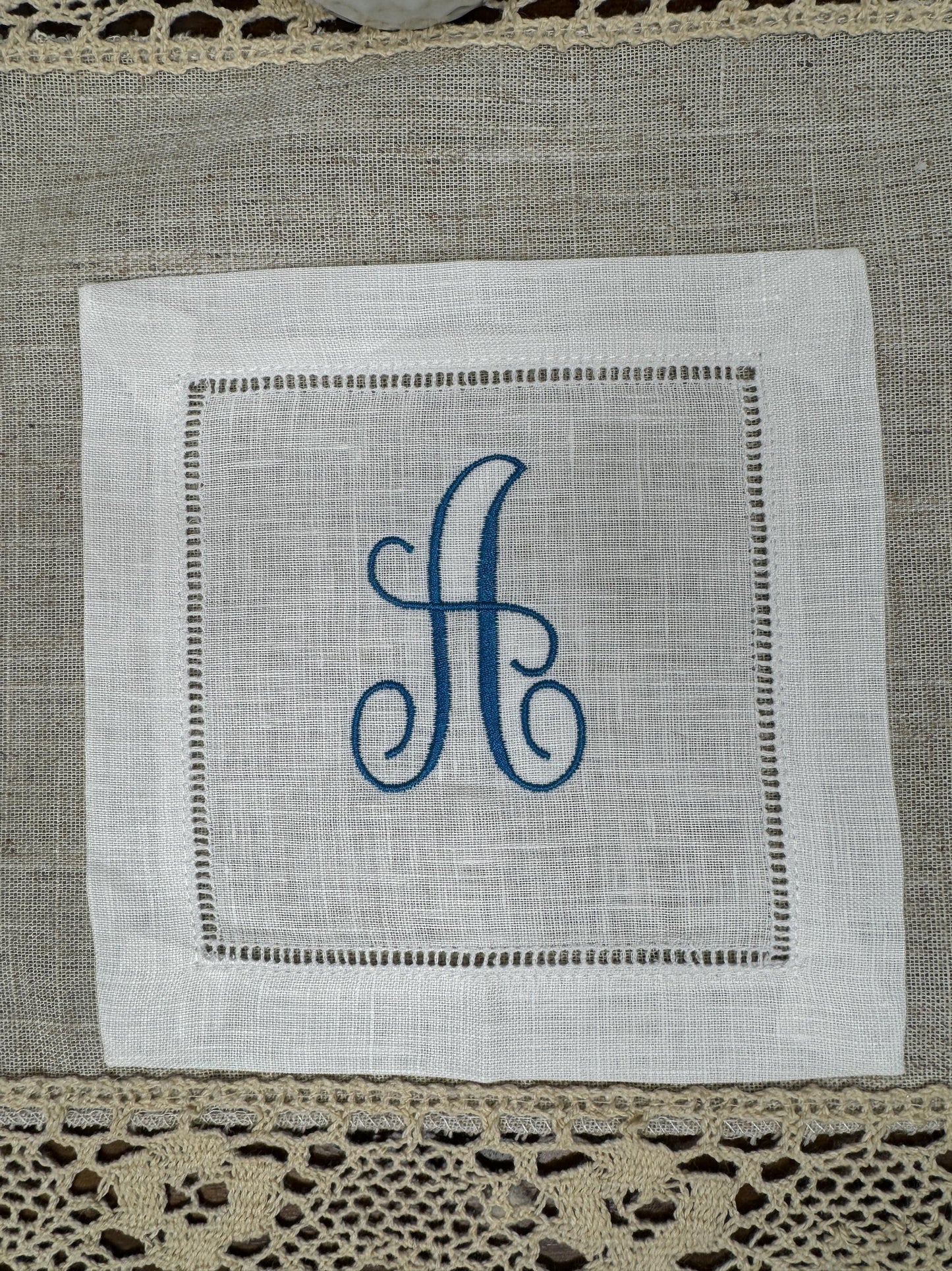 Customized Monogram One Initial Embroidered Linen Cocktail Napkins - Set of 4,6,8
