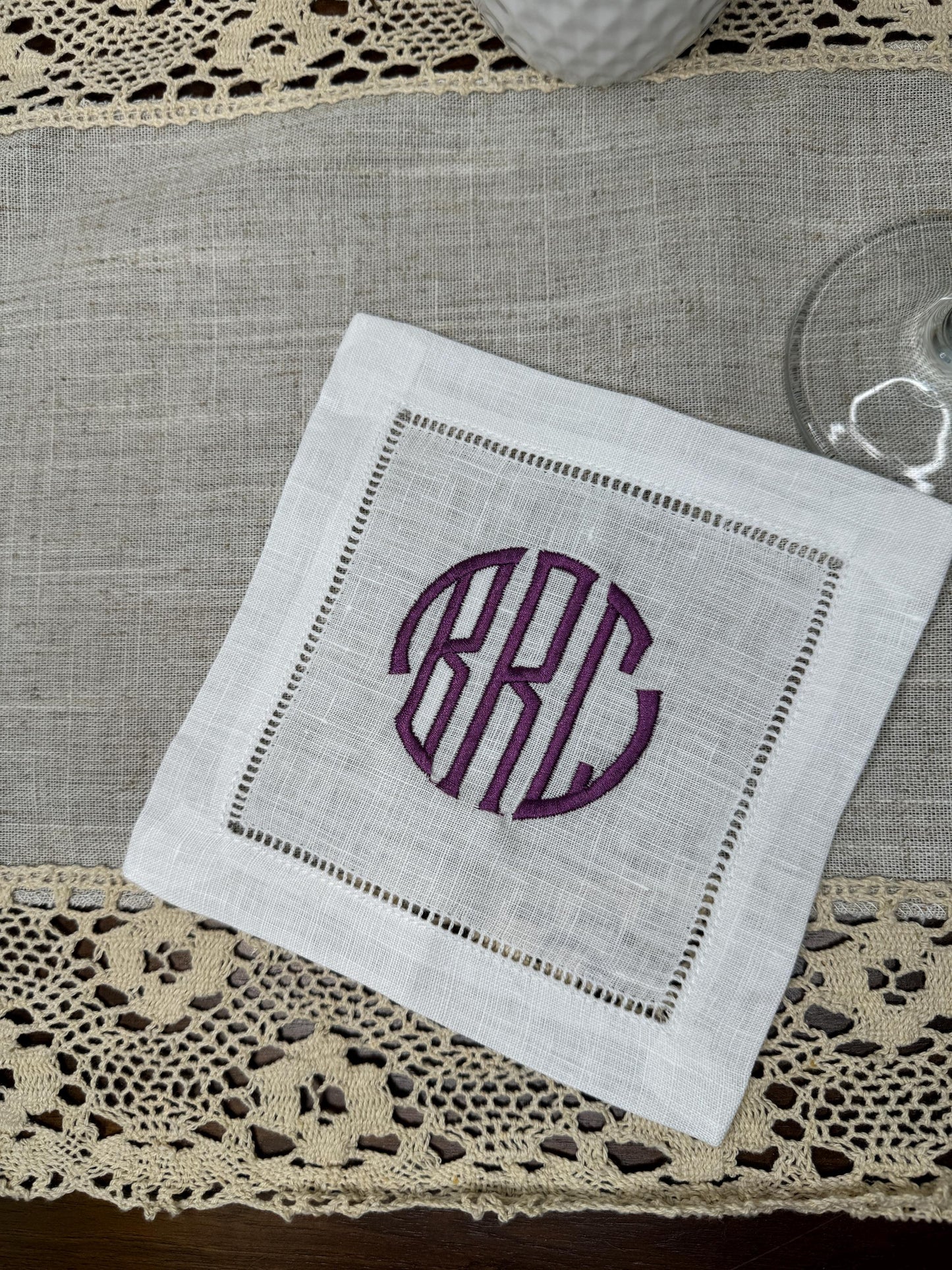 Customized Monogram Stamp Embroidered Linen Cocktail Napkins (Set of 4,6,8)