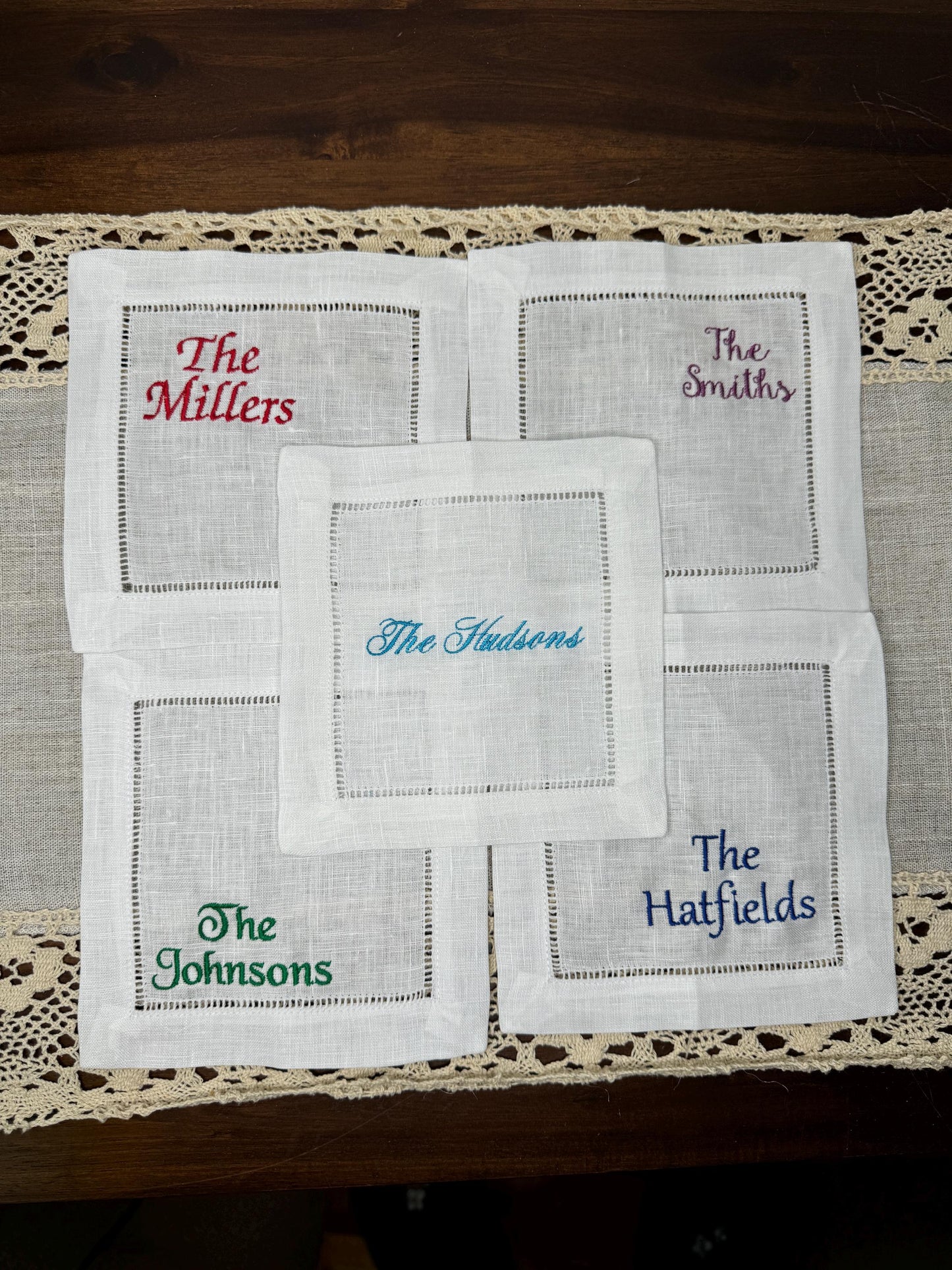 Customized Family Name Embroidered Linen Cocktail Napkins (Set of 4,6,8)