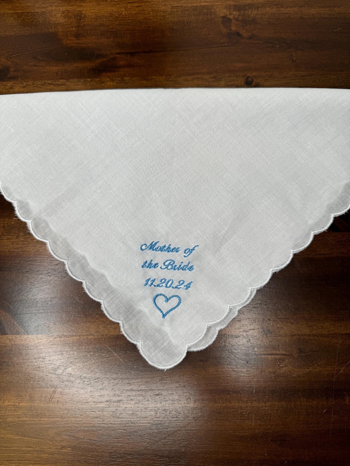 Embroidered Wedding Handkerchief Mother of the Bride with wedding date and heart scalloped satin