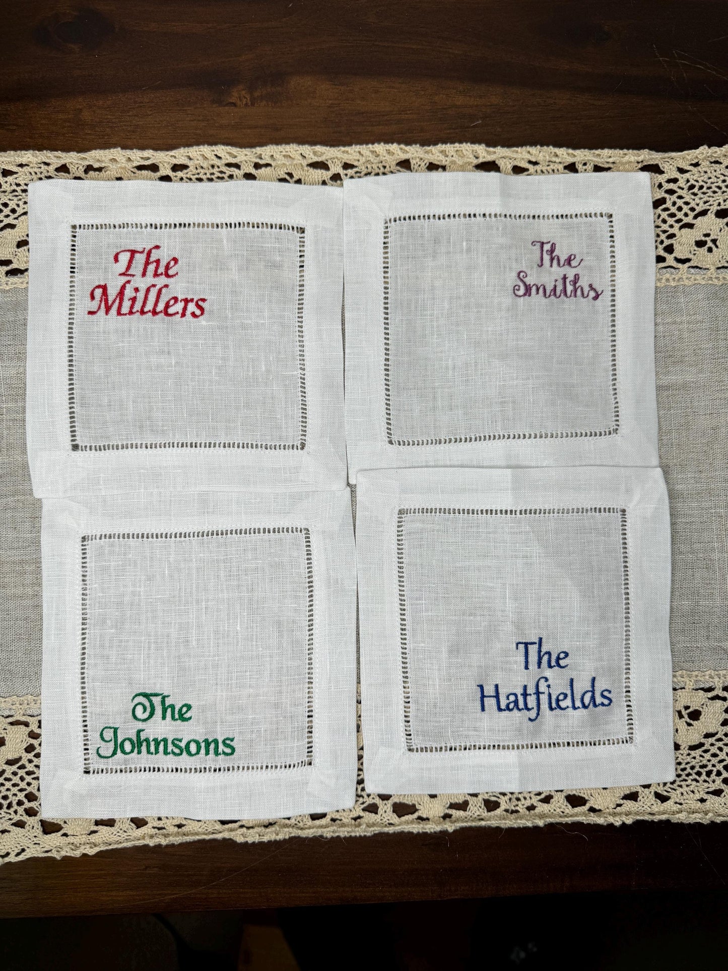 Customized Family Name Embroidered Linen Cocktail Napkins (Set of 4,6,8)
