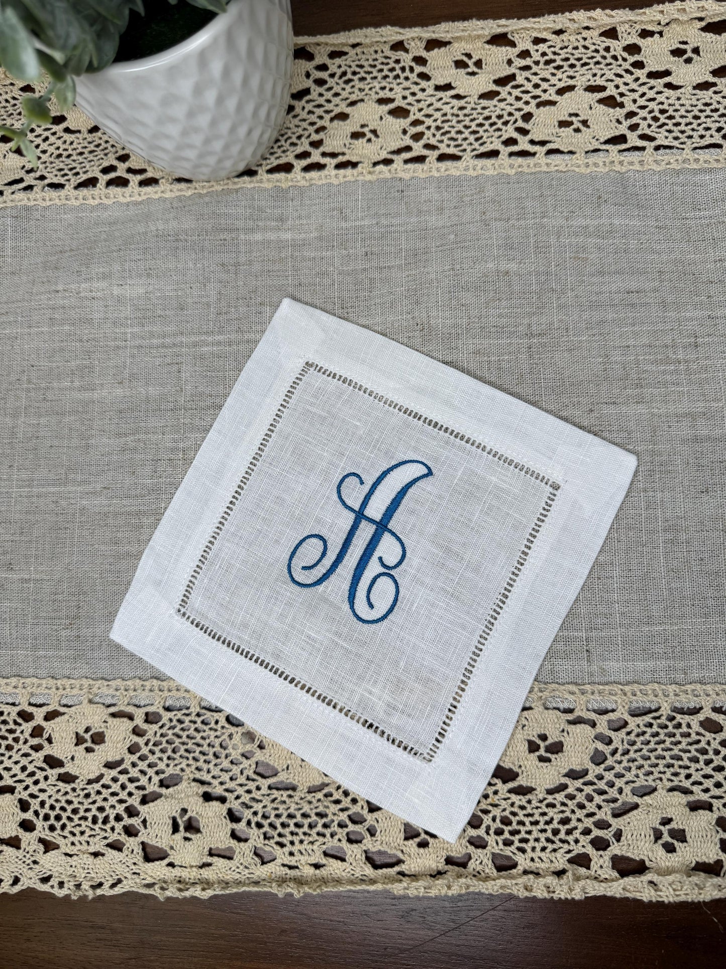 Customized Monogram One Initial Embroidered Linen Cocktail Napkins - Set of 4,6,8