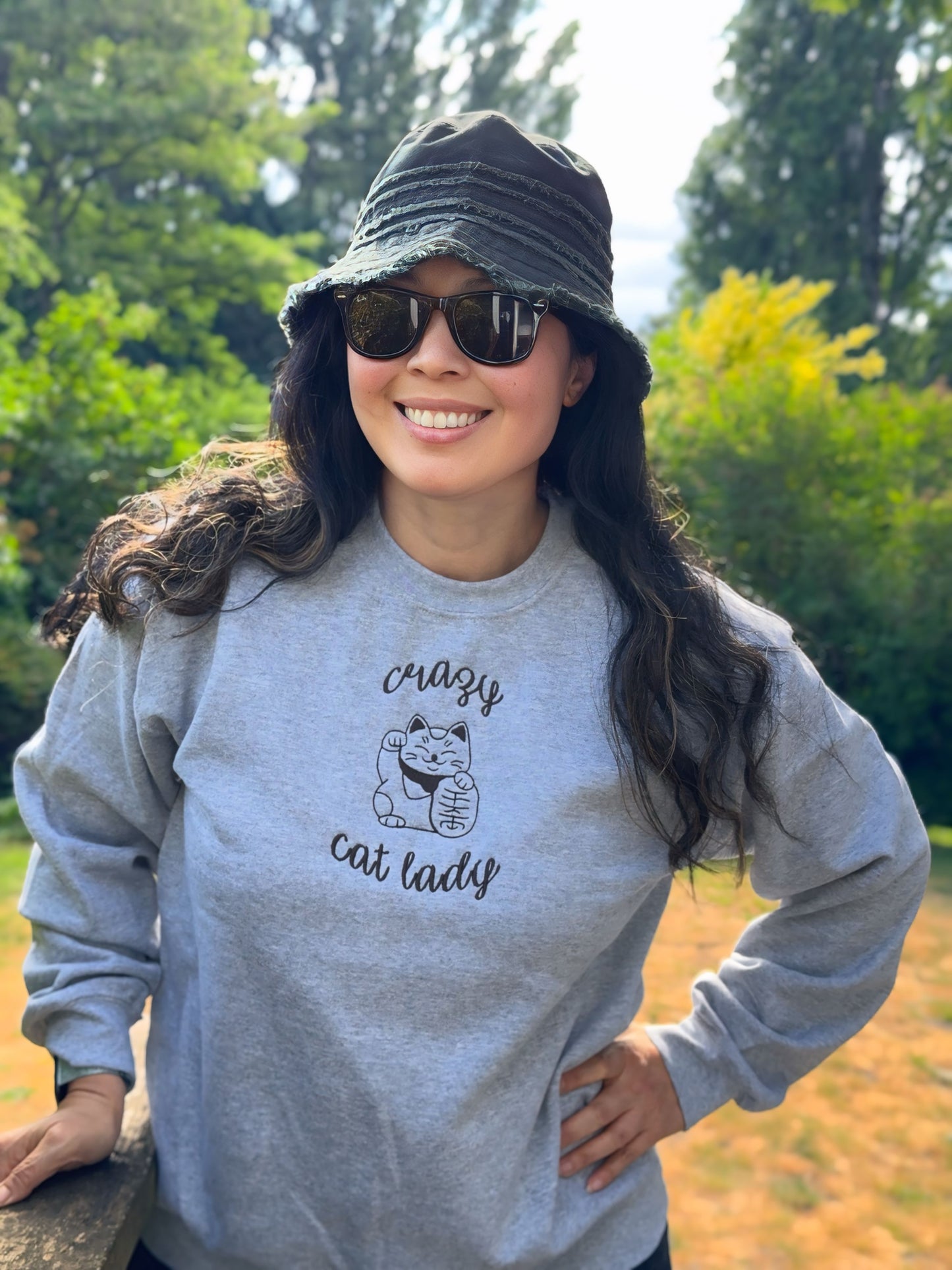 Crazy Cat Lady Embroidered Crewneck Sweatshirt - Lucky Cat - Gildan & Comfort Colors