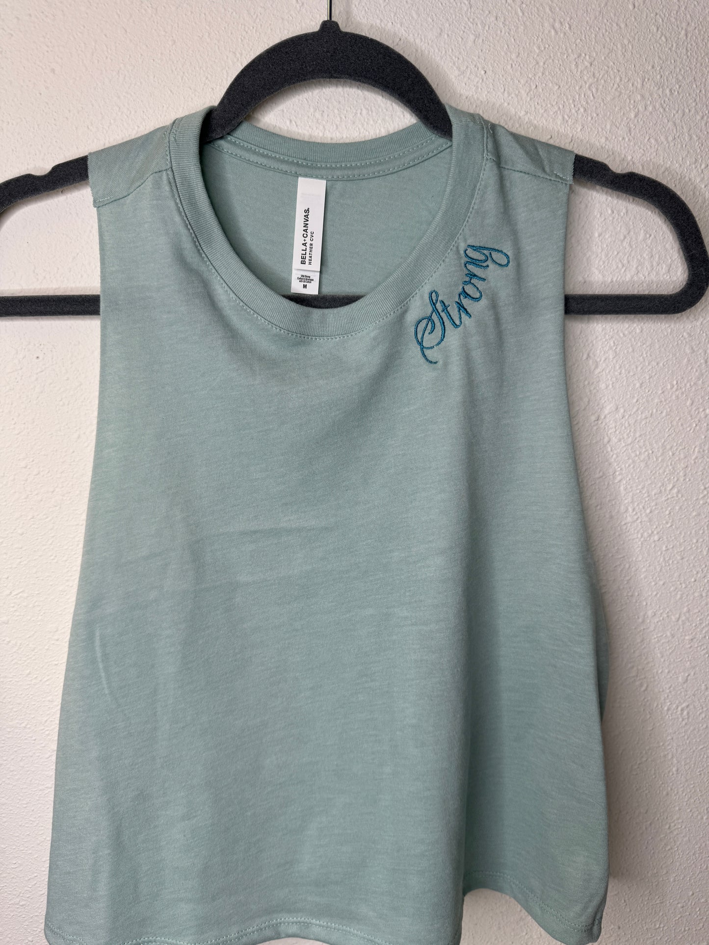 Bella + Canvas Racerback Crop Tank with Embroidered Curved Neckline "Strong"