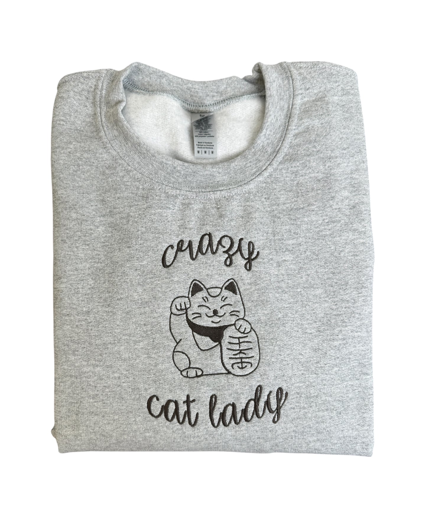 Crazy Cat Lady Embroidered Crewneck Sweatshirt - Lucky Cat - Gildan & Comfort Colors