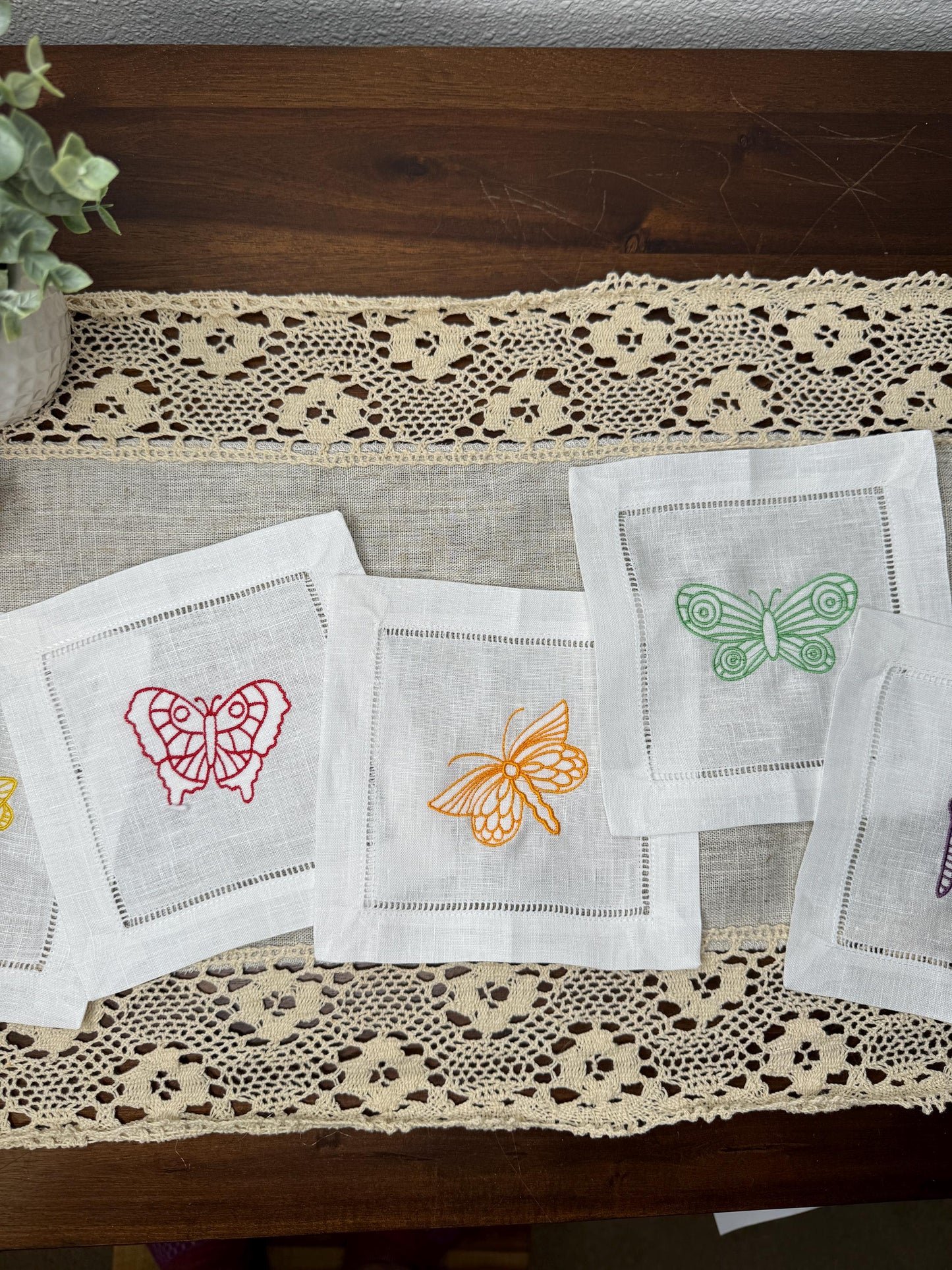 Colorful Butterflies Embroidered Linen Cocktail Napkins (Set of 8)