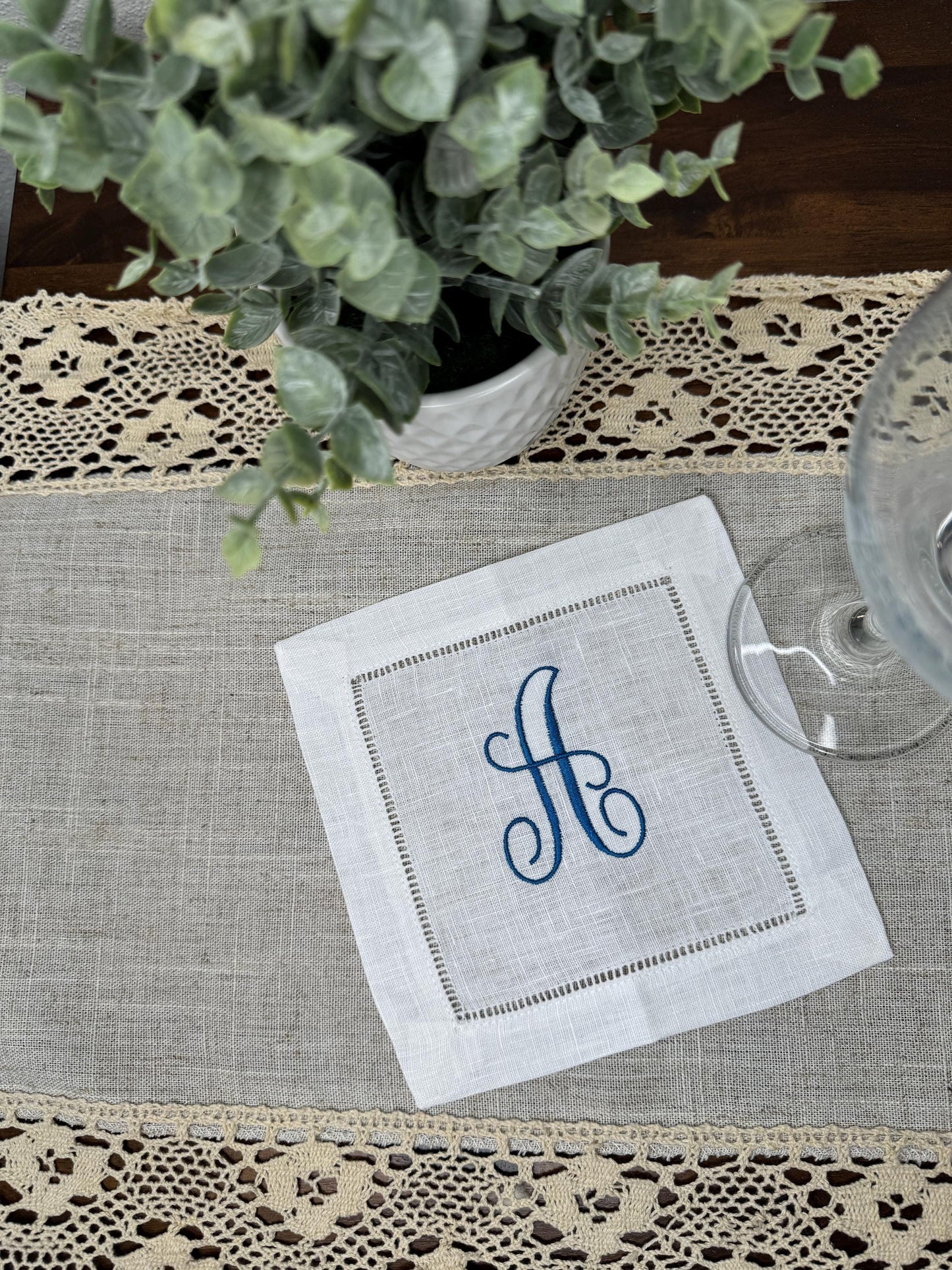 Customized Monogram One Initial Embroidered Linen Cocktail Napkins - Set of 4,6,8
