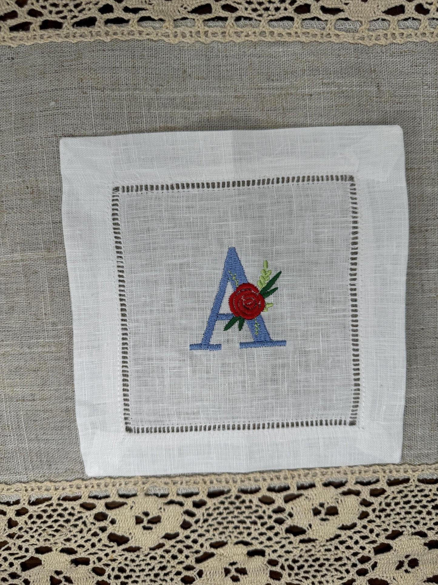 Customized Monogram One Initial Floral Rose Embroidered Linen Cocktail Napkins (Set of 4,6,8)