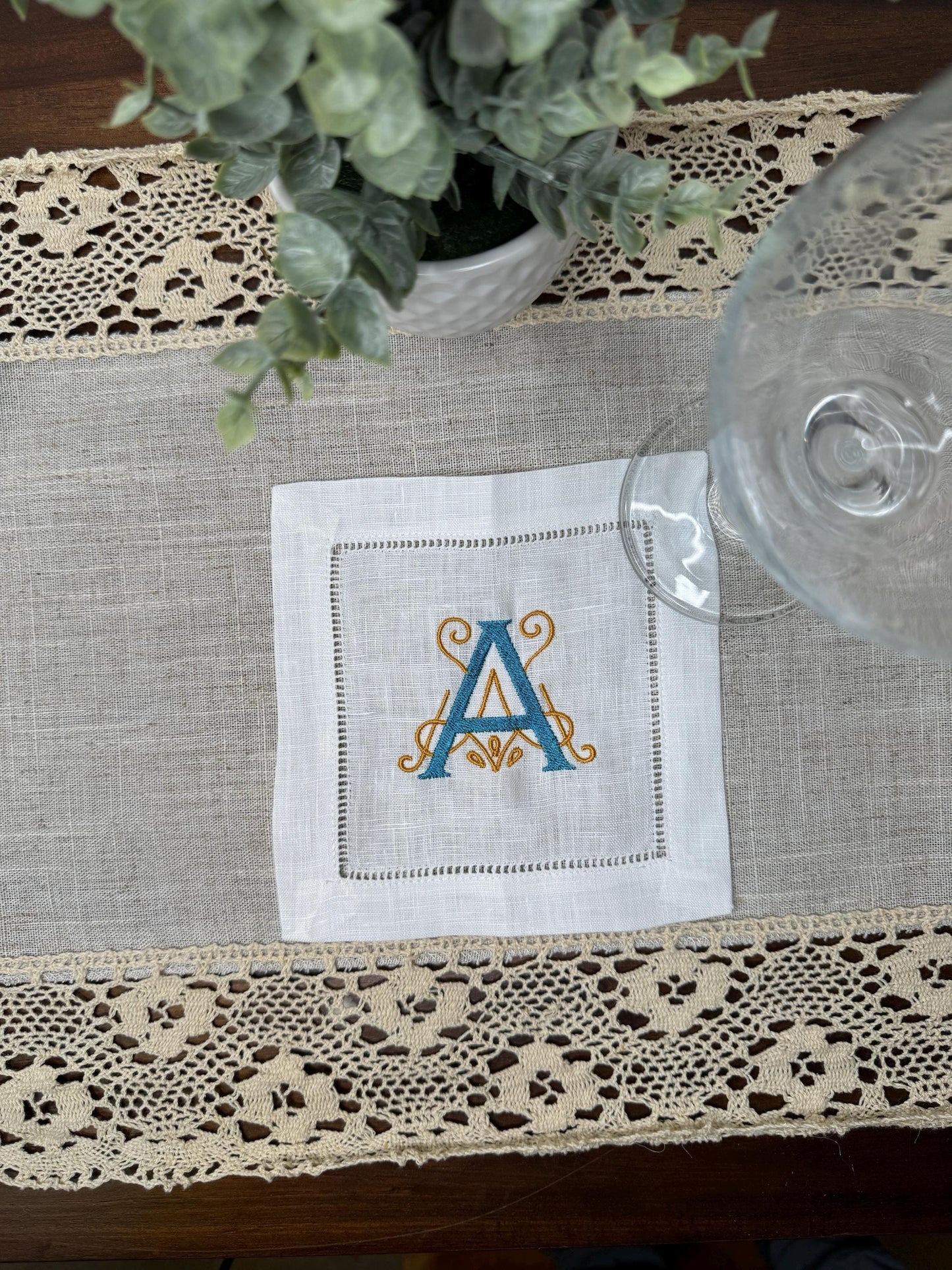 Customized Monogram One Initial Two Toned Embroidered Linen Cocktail Napkins (Set of 4,6,8)