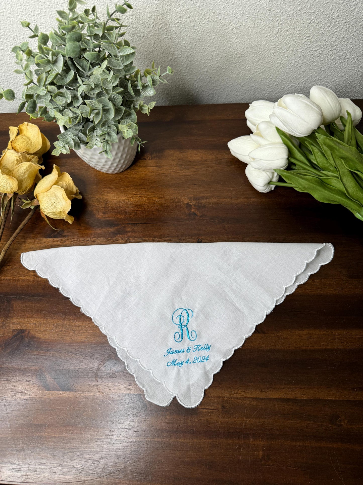 Embroidered Wedding Handkerchief Bride & Groom Date and One Initial Lace Scalloped Customized
