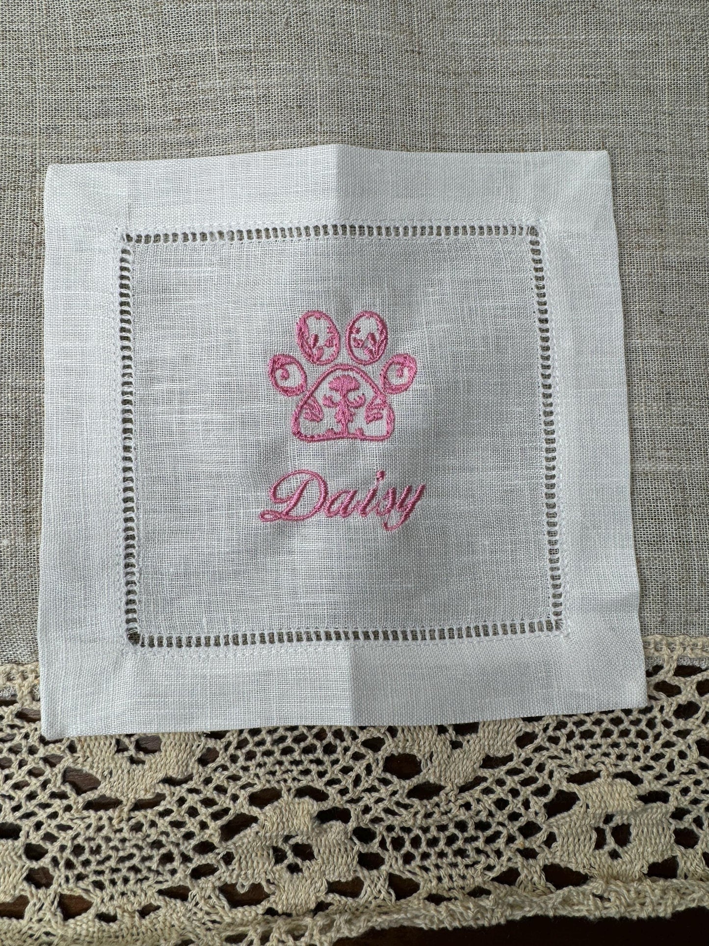 Customized Chinoiserie Paw Print Embroidered Linen Cocktail Napkins - Set of 4,6,8