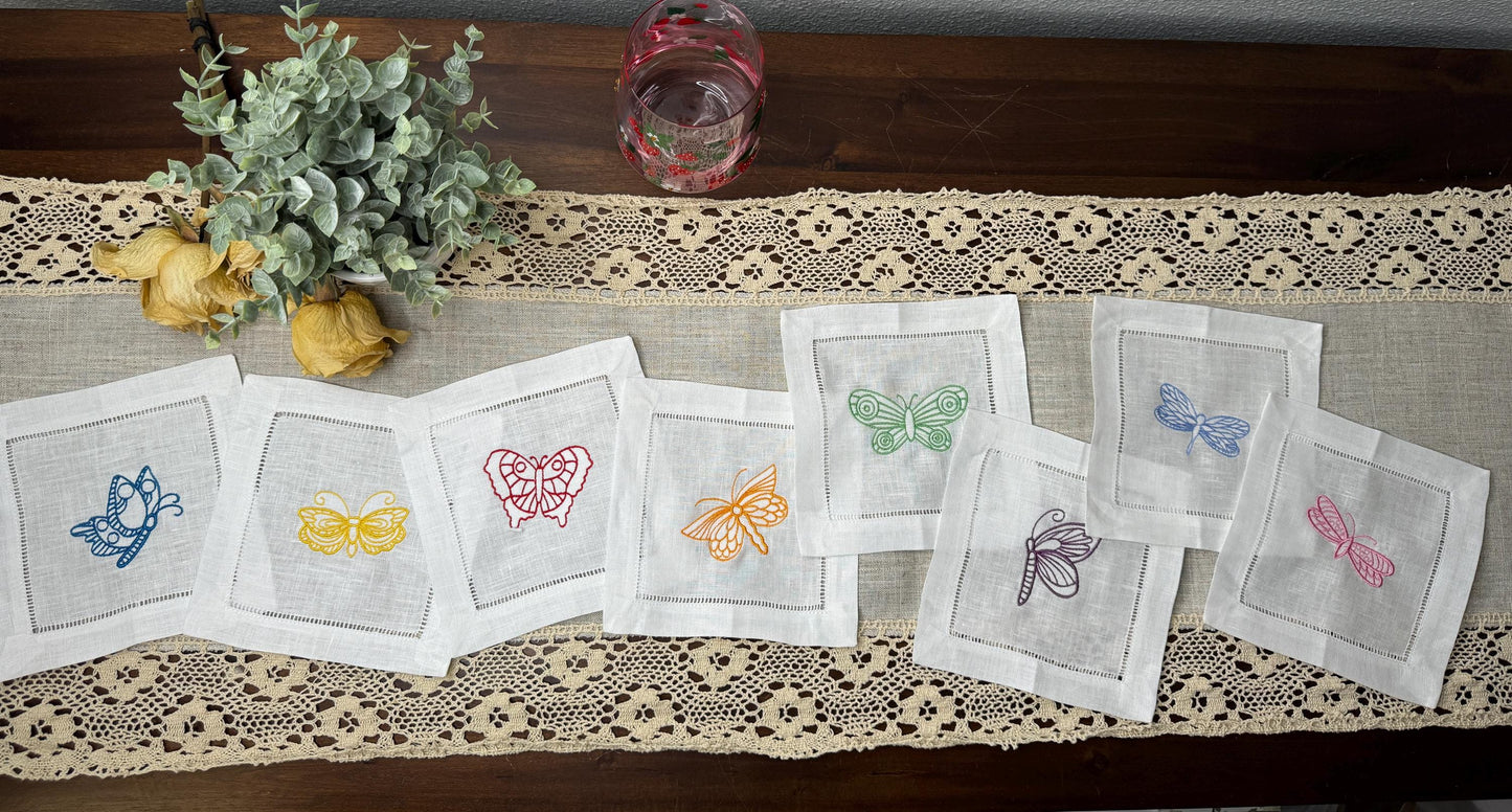 Colorful Butterflies Embroidered Linen Cocktail Napkins (Set of 8)