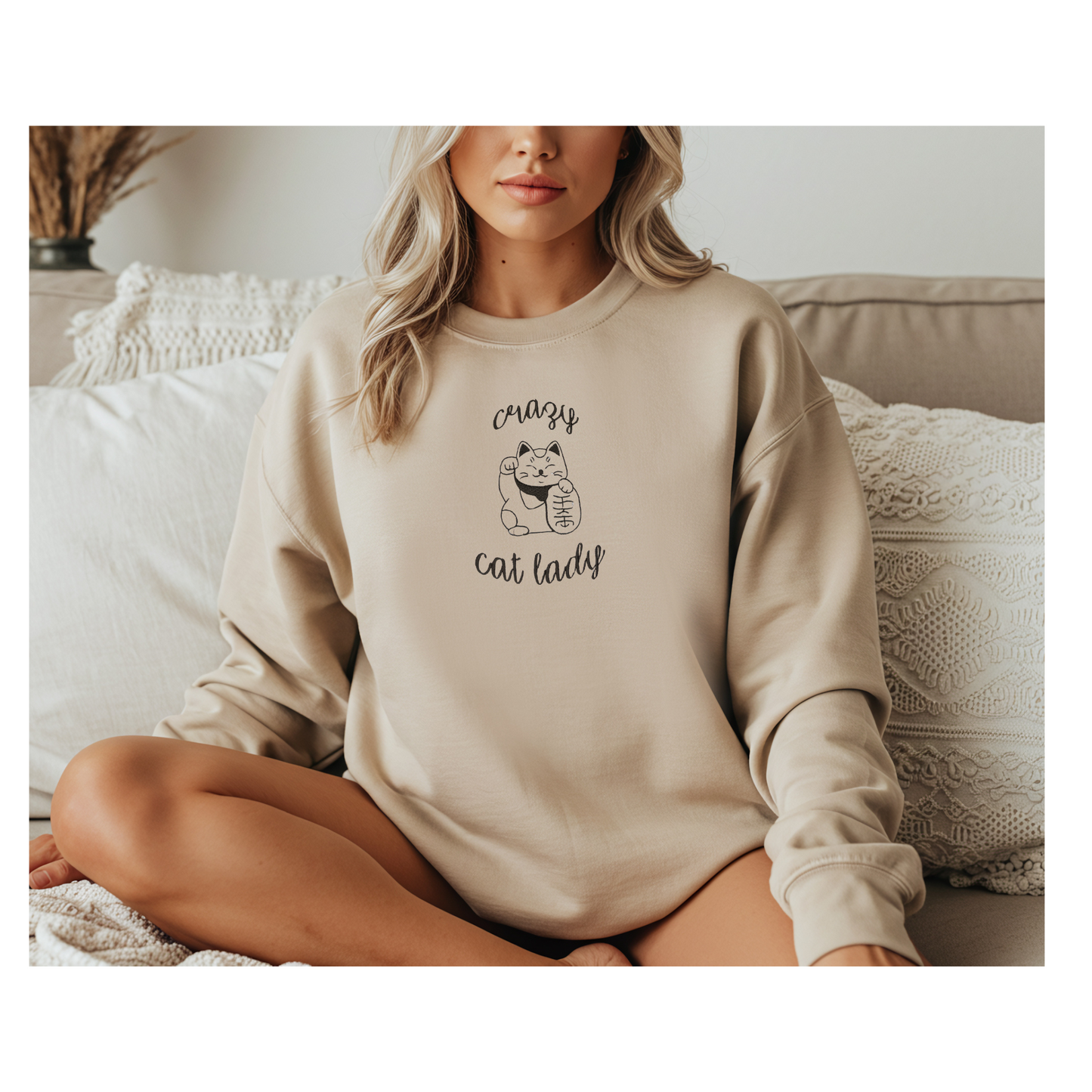 Crazy Cat Lady Embroidered Crewneck Sweatshirt - Lucky Cat - Gildan & Comfort Colors