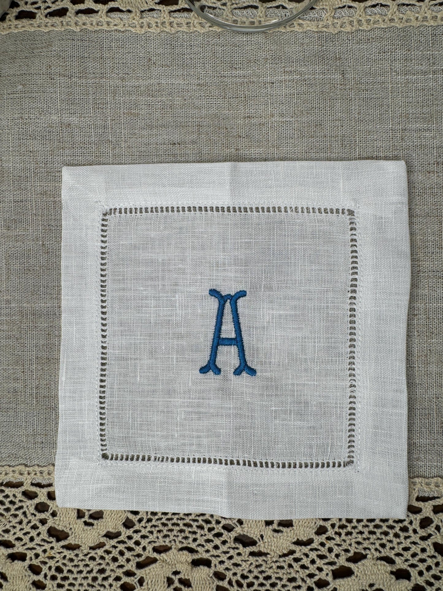 Customized Monogram One Initial Fishbone Embroidered Linen Cocktail Napkins (Set of 4,6,8)