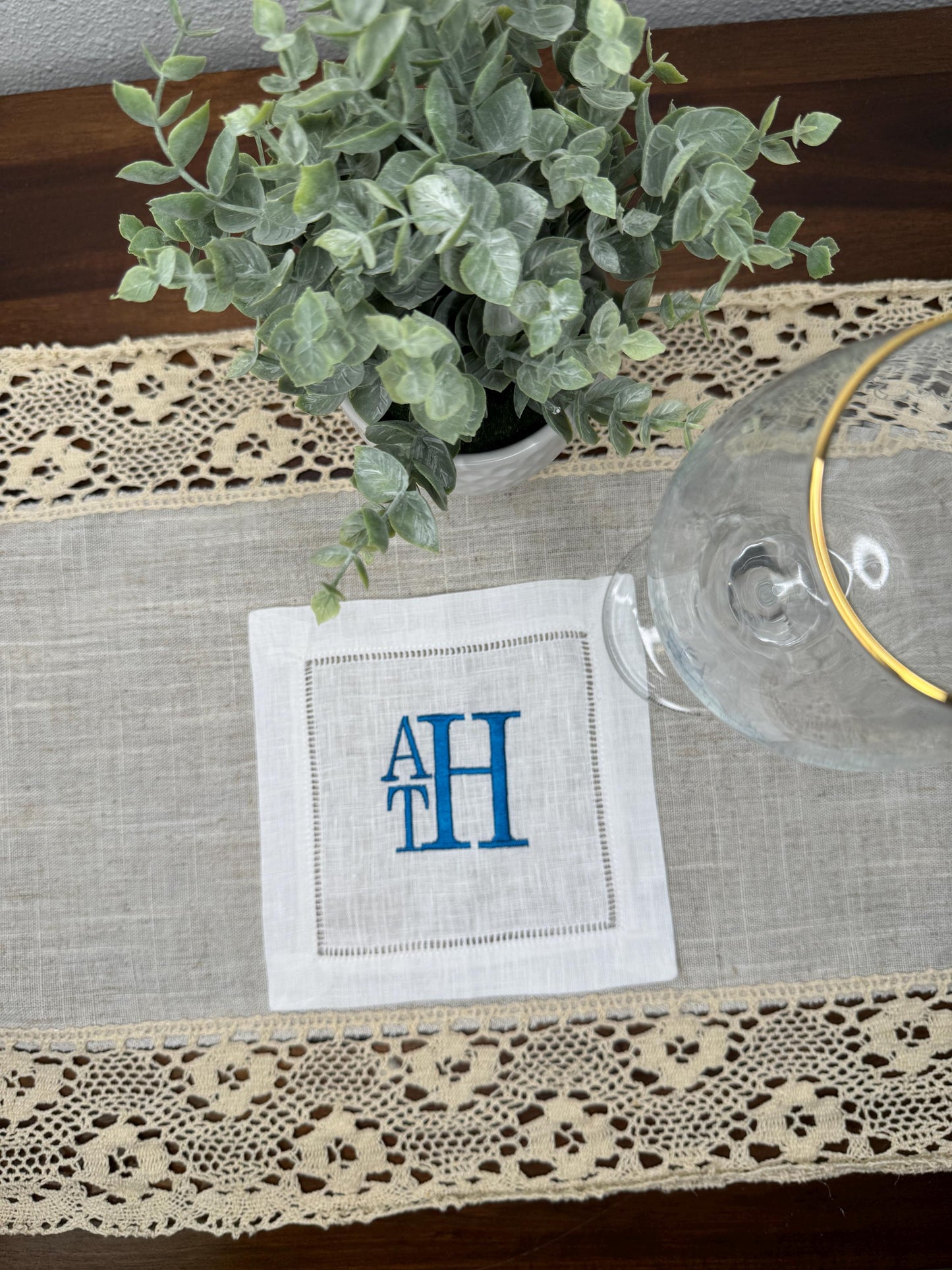 Customized Monogram Stacked Embroidered Linen Cocktail Napkins (Set of 4,6,8)