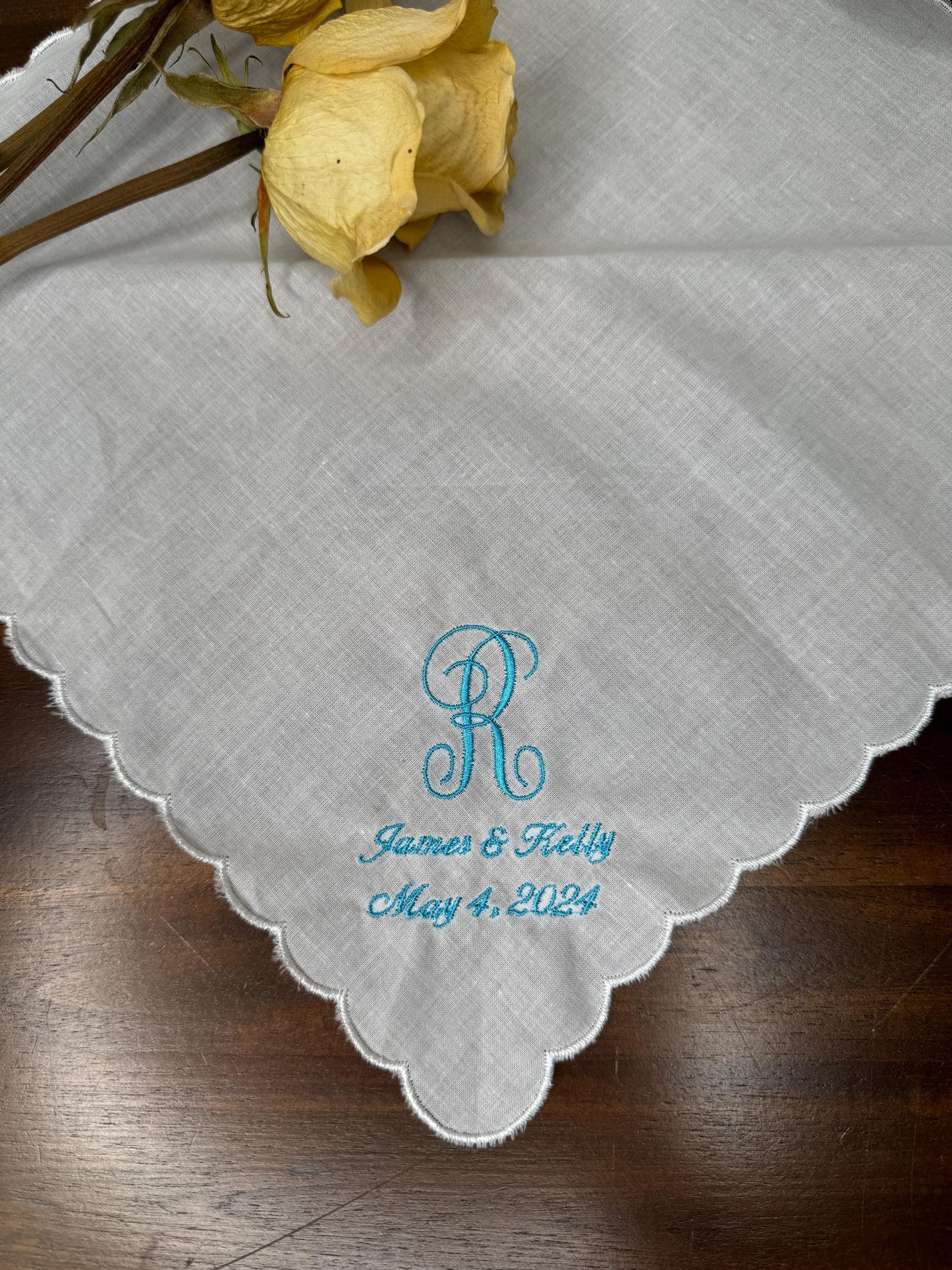 Embroidered Wedding Handkerchief Bride & Groom Date and One Initial Lace Scalloped Customized