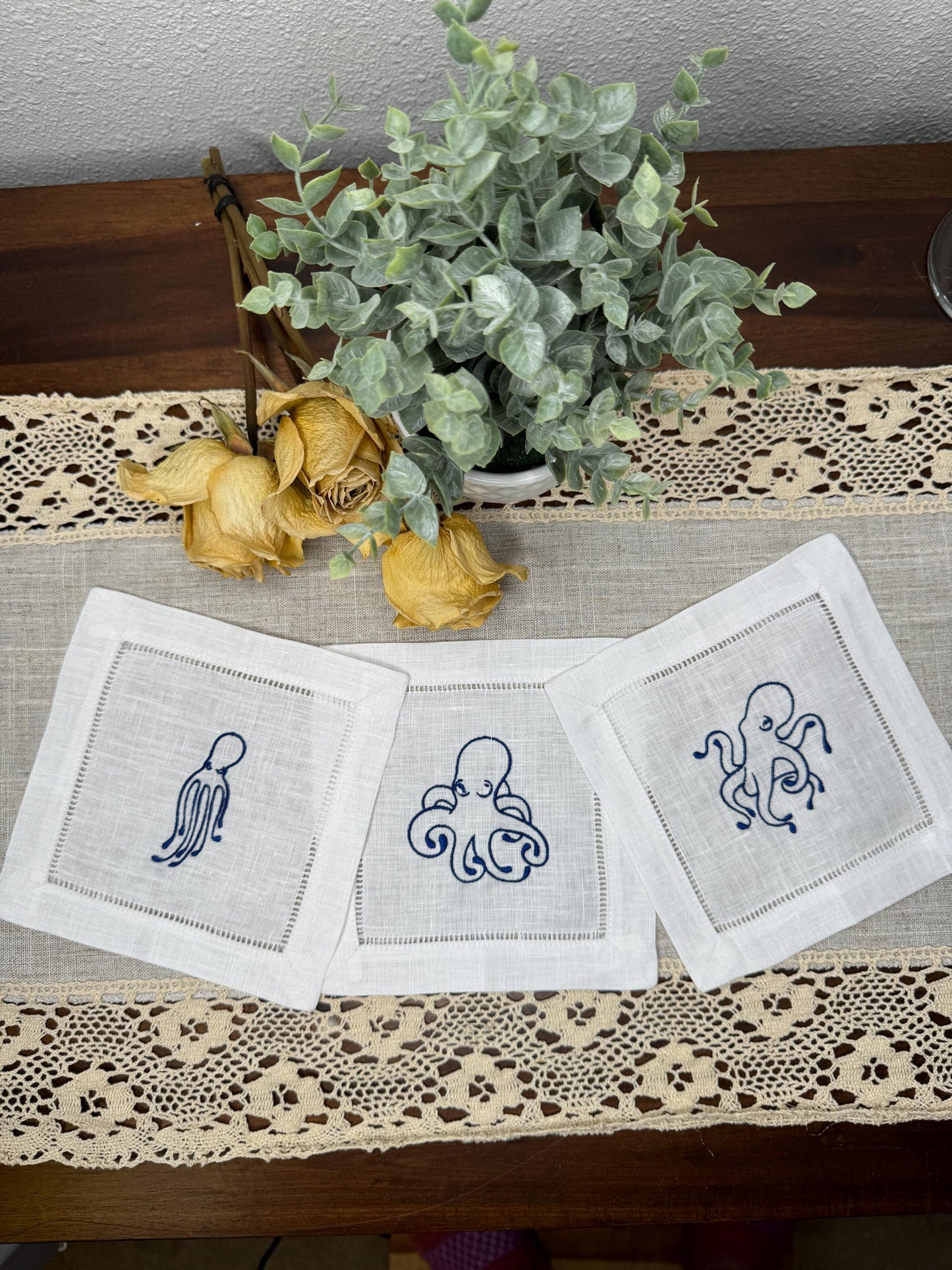 Marine Octopus Embroidered Linen Cocktail Napkins (Set of 6)