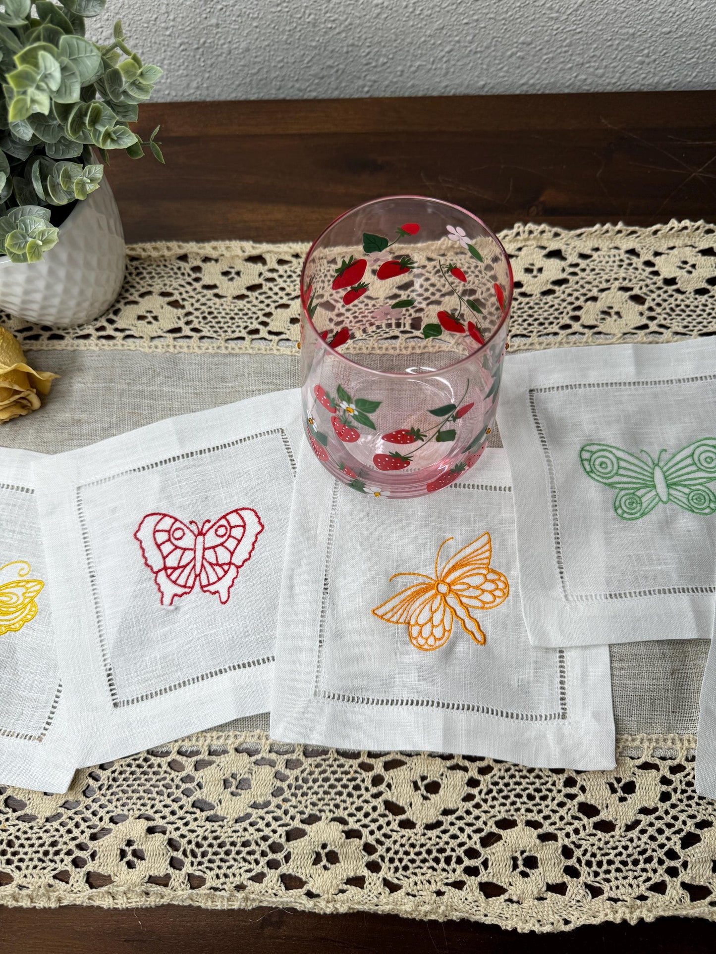 Colorful Butterflies Embroidered Linen Cocktail Napkins (Set of 8)