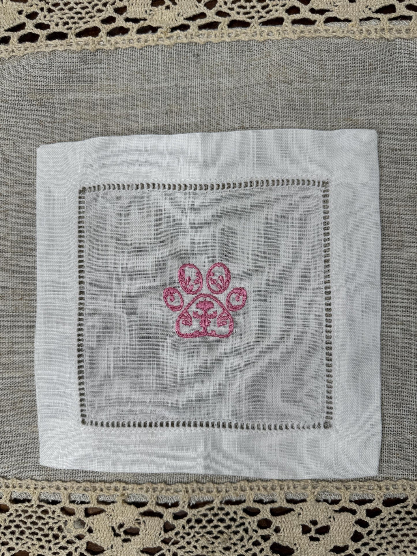 Chinoiserie Paw Print Embroidered Linen Cocktail Napkins (Set of 4)