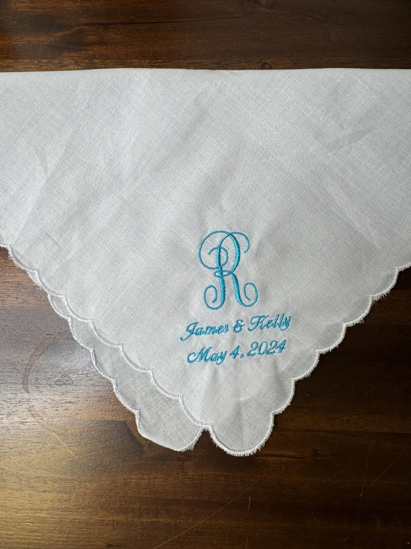 Embroidered Wedding Handkerchief Bride & Groom Date and One Initial Lace Scalloped Customized
