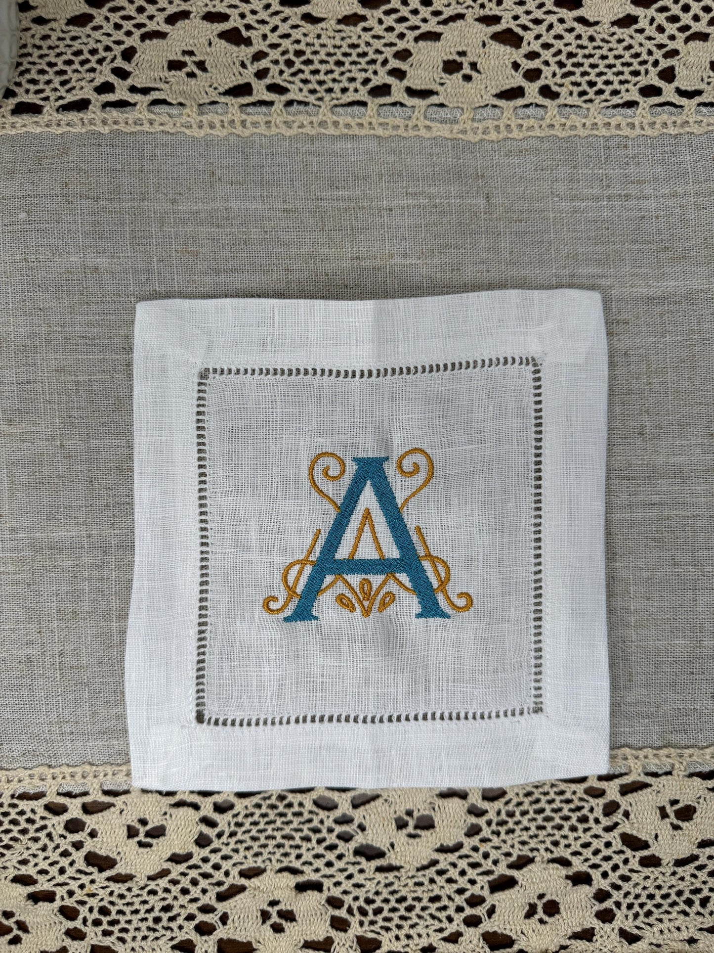 Customized Monogram One Initial Two Toned Embroidered Linen Cocktail Napkins (Set of 4,6,8)