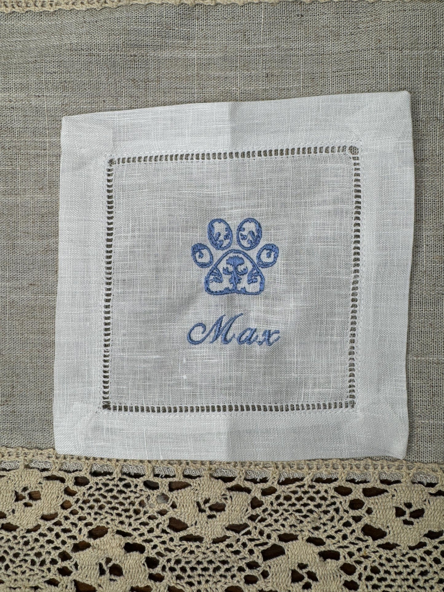 Customized Chinoiserie Paw Print Embroidered Linen Cocktail Napkins - Set of 4,6,8