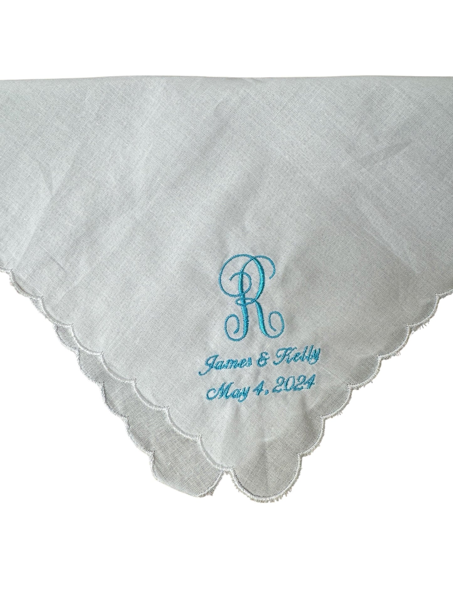 Embroidered Wedding Handkerchief Bride & Groom Date and One Initial Lace Scalloped Customized