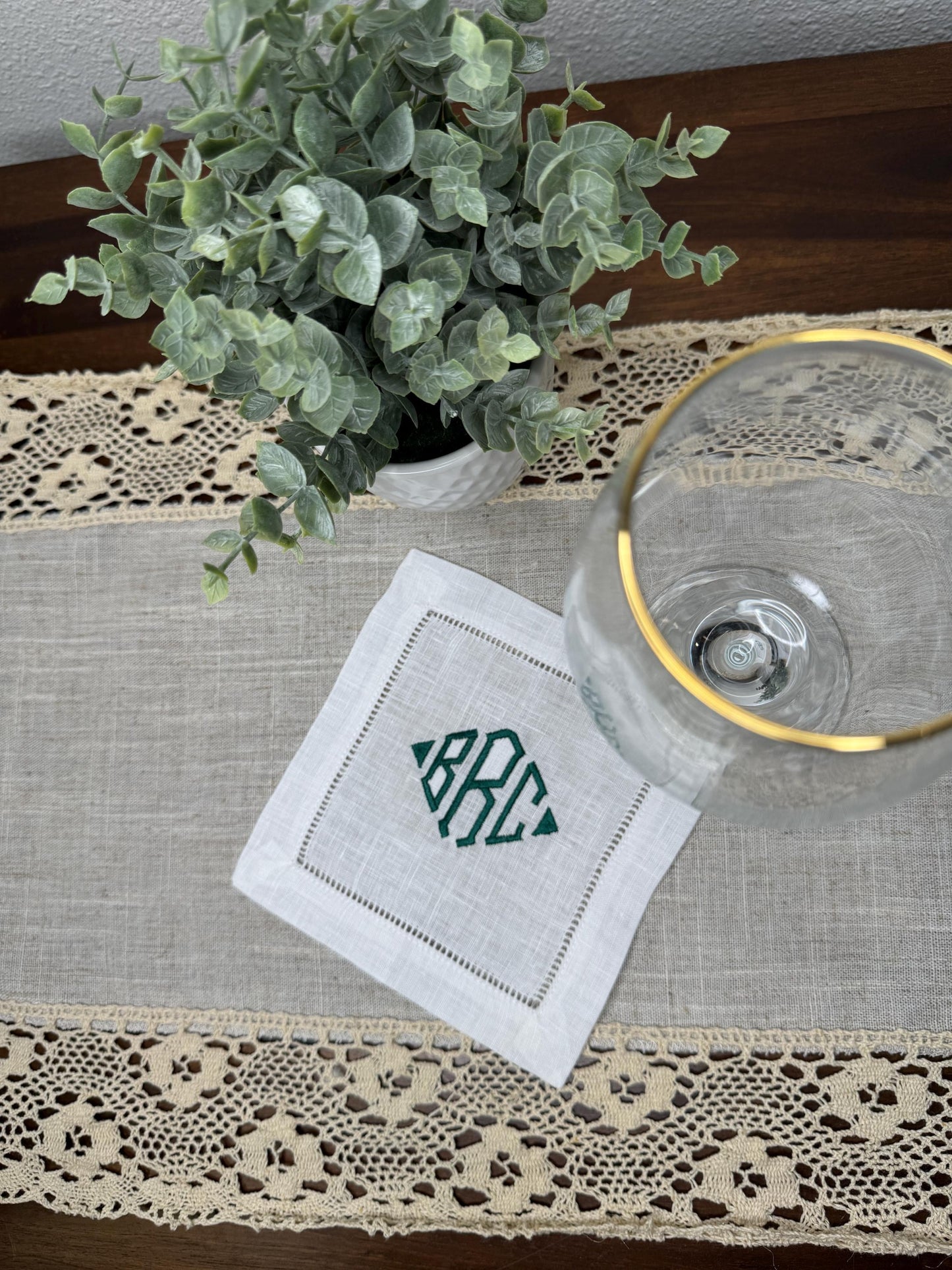 Customized Monogram Diamond Embroidered Linen Cocktail Napkins (Set of 4,6,8)