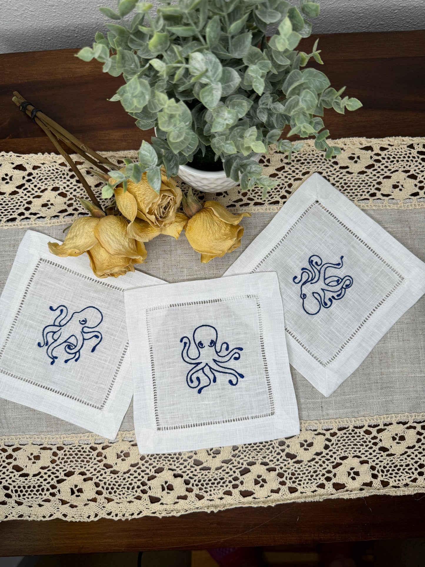 Marine Octopus Embroidered Linen Cocktail Napkins (Set of 6)