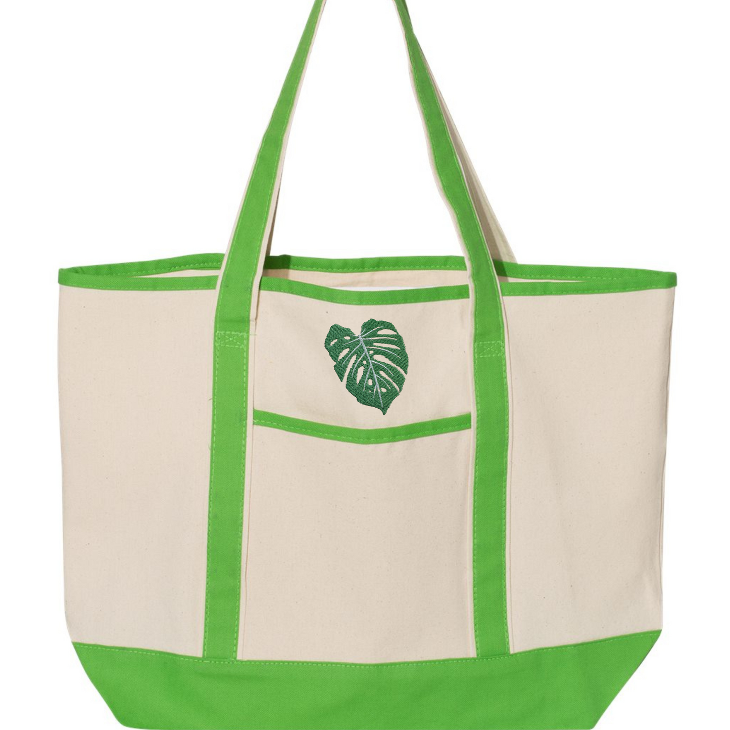 Large Green Boat Tote Canvas Bag with Embroidered Monstera Leaf