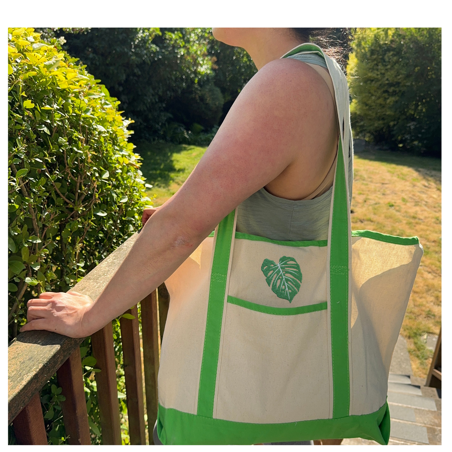 Large Green Boat Tote Canvas Bag with Embroidered Monstera Leaf