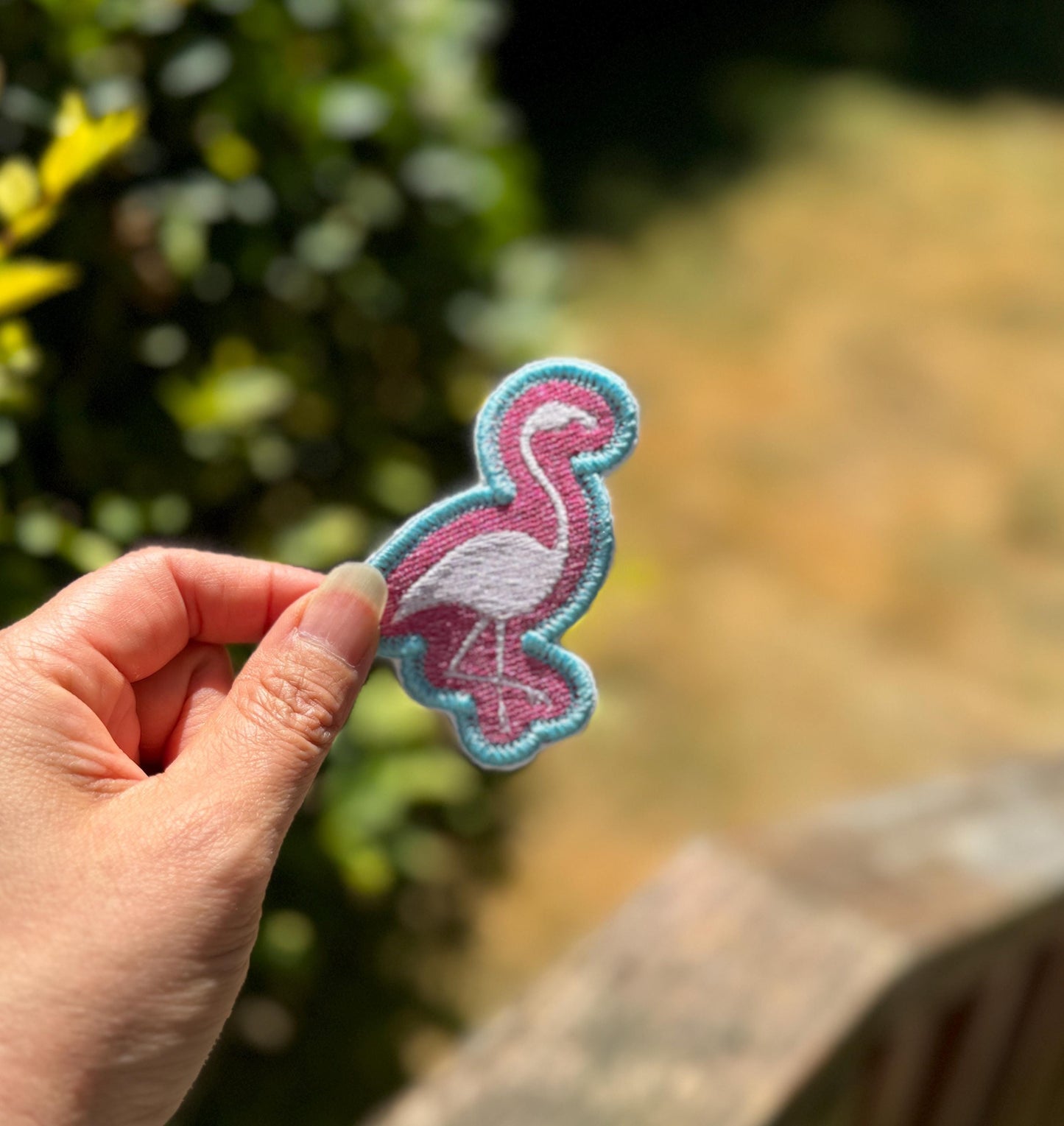 Embroidered Patch Flamingo with Pink and Blue background - iron or sew on - backpack, trucker hat, clothing - gifts for her